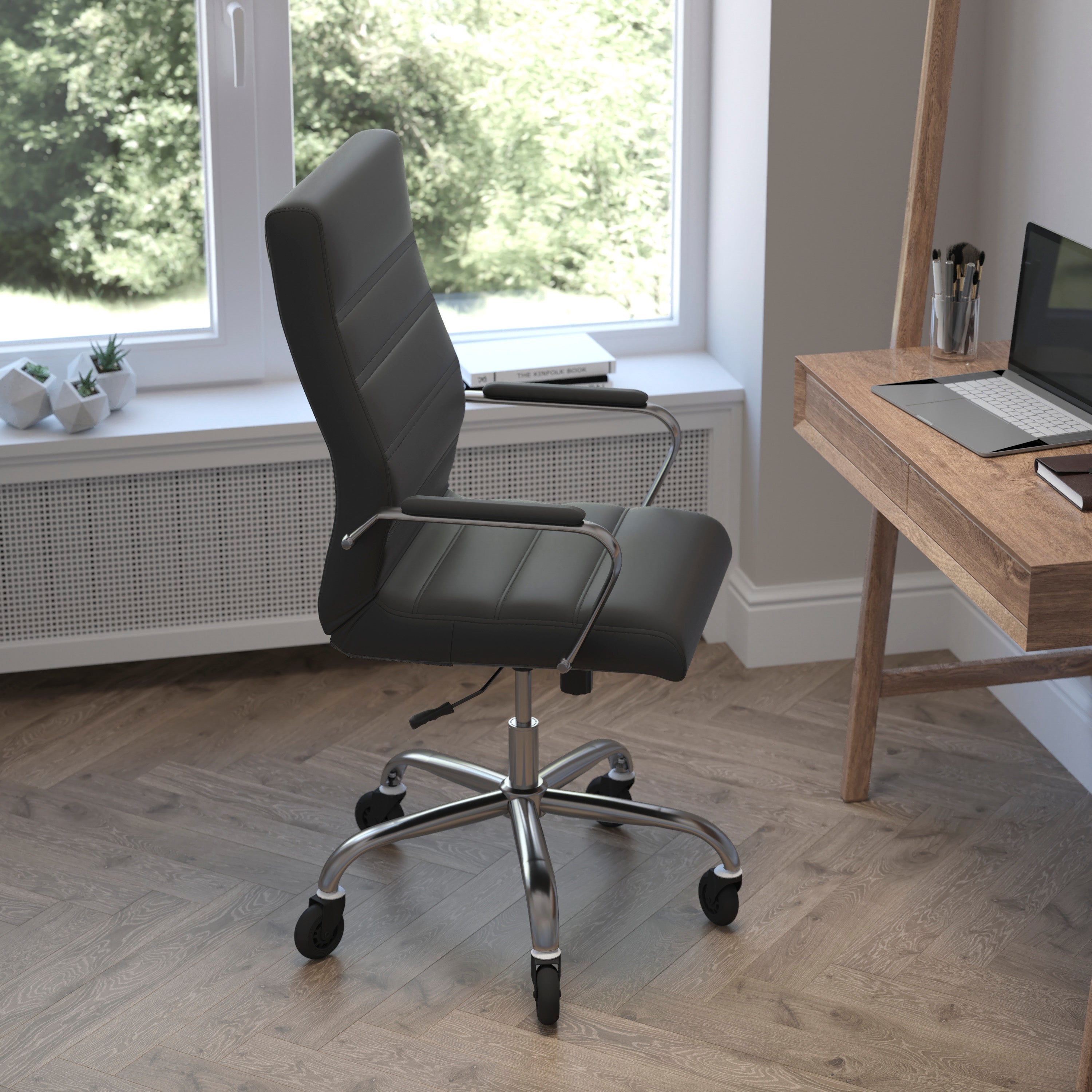 Whitney High Back Executive Swivel Office Chair with Black Frame, Arms, and Transparent Roller Wheels