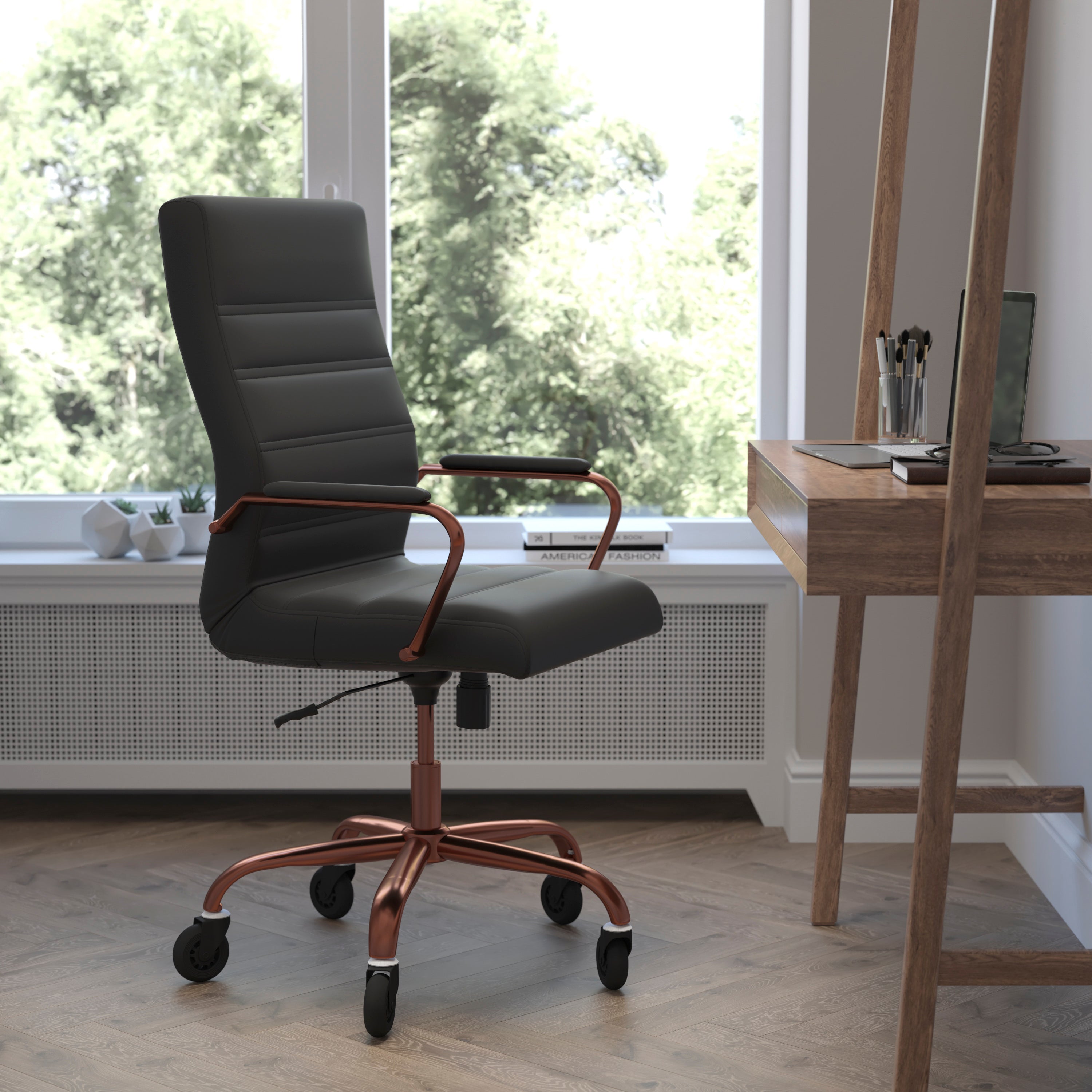 Whitney High Back Executive Swivel Office Chair with Black Frame, Arms, and Transparent Roller Wheels