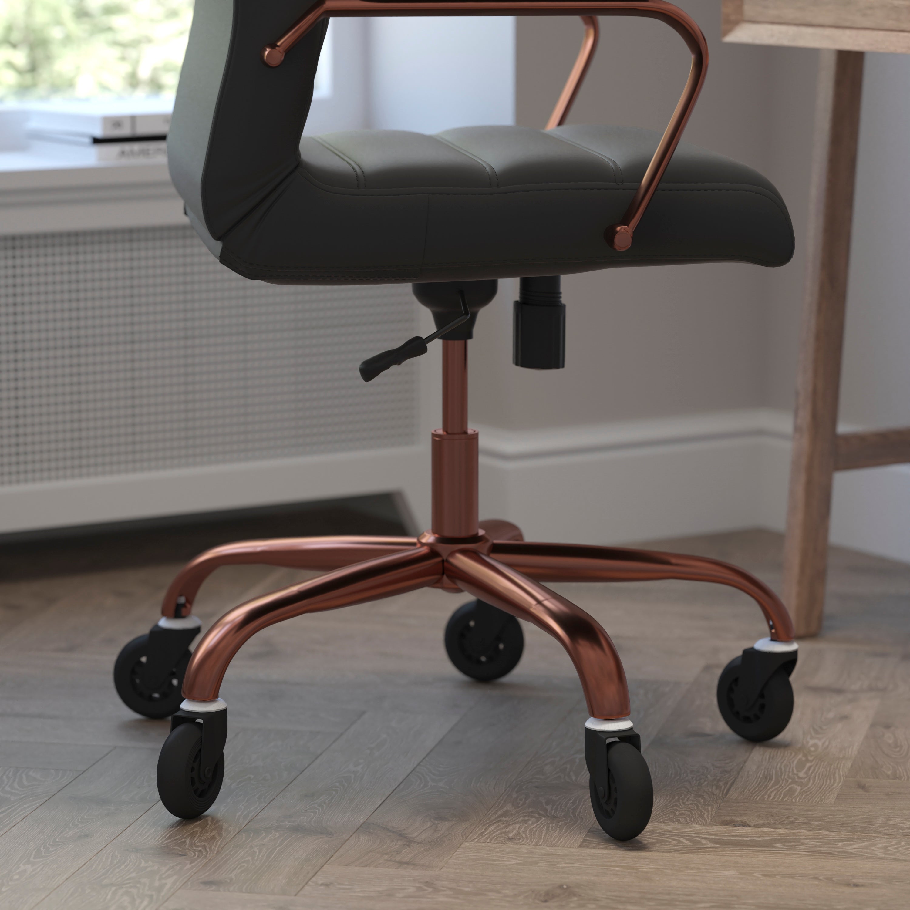 Whitney High Back Executive Swivel Office Chair with Black Frame, Arms, and Transparent Roller Wheels