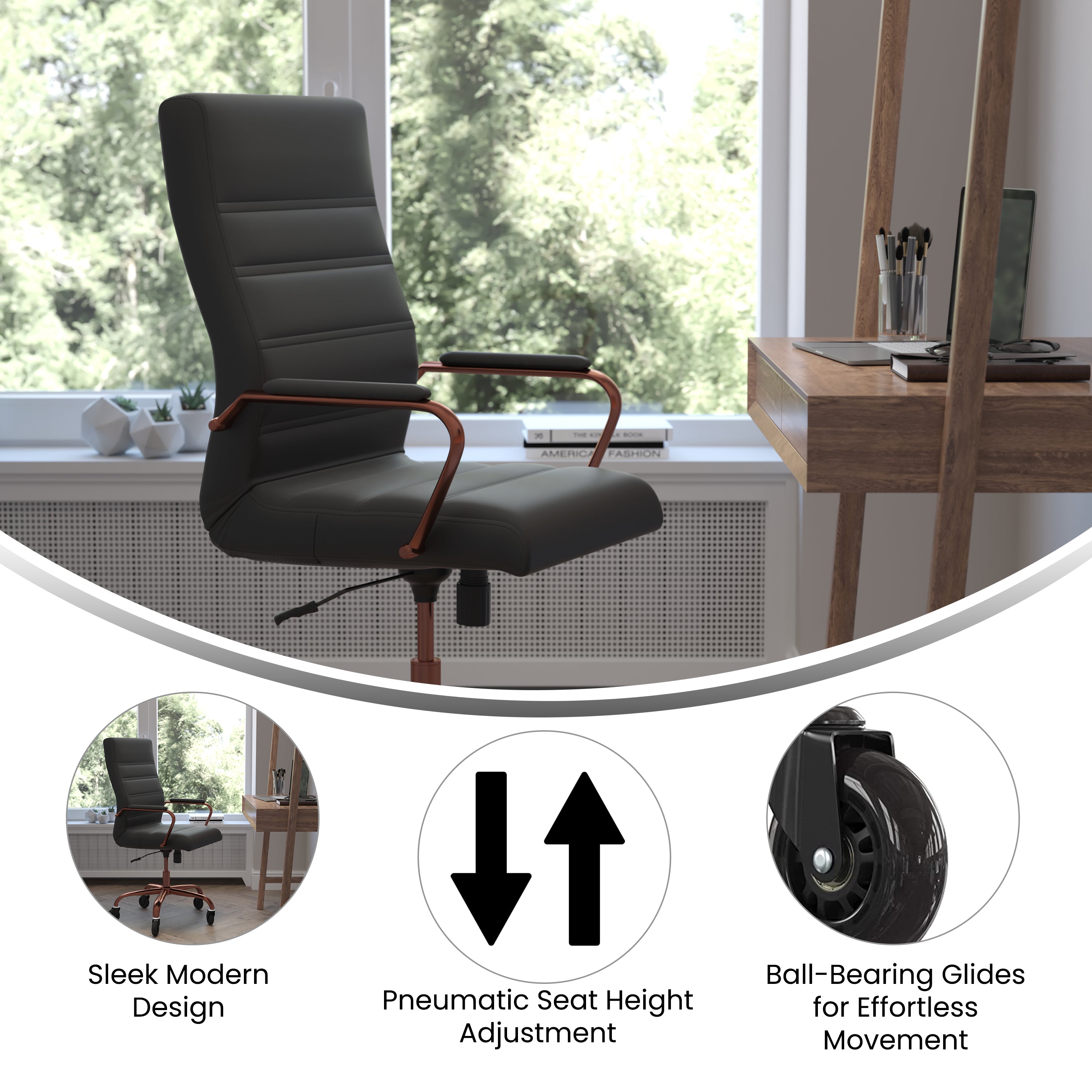 Whitney High Back Executive Swivel Office Chair with Black Frame, Arms, and Transparent Roller Wheels