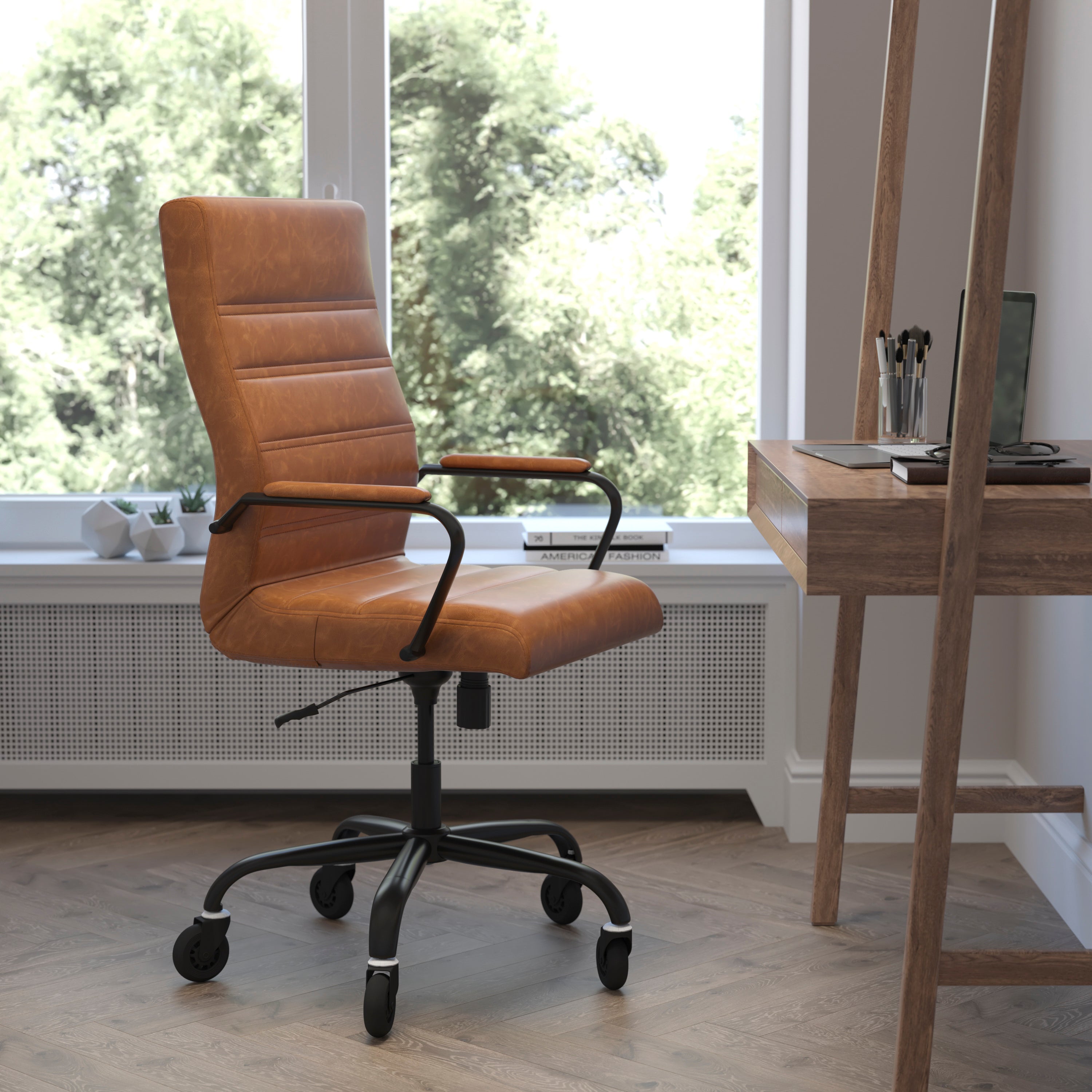 Whitney High Back Executive Swivel Office Chair with Black Frame, Arms, and Transparent Roller Wheels
