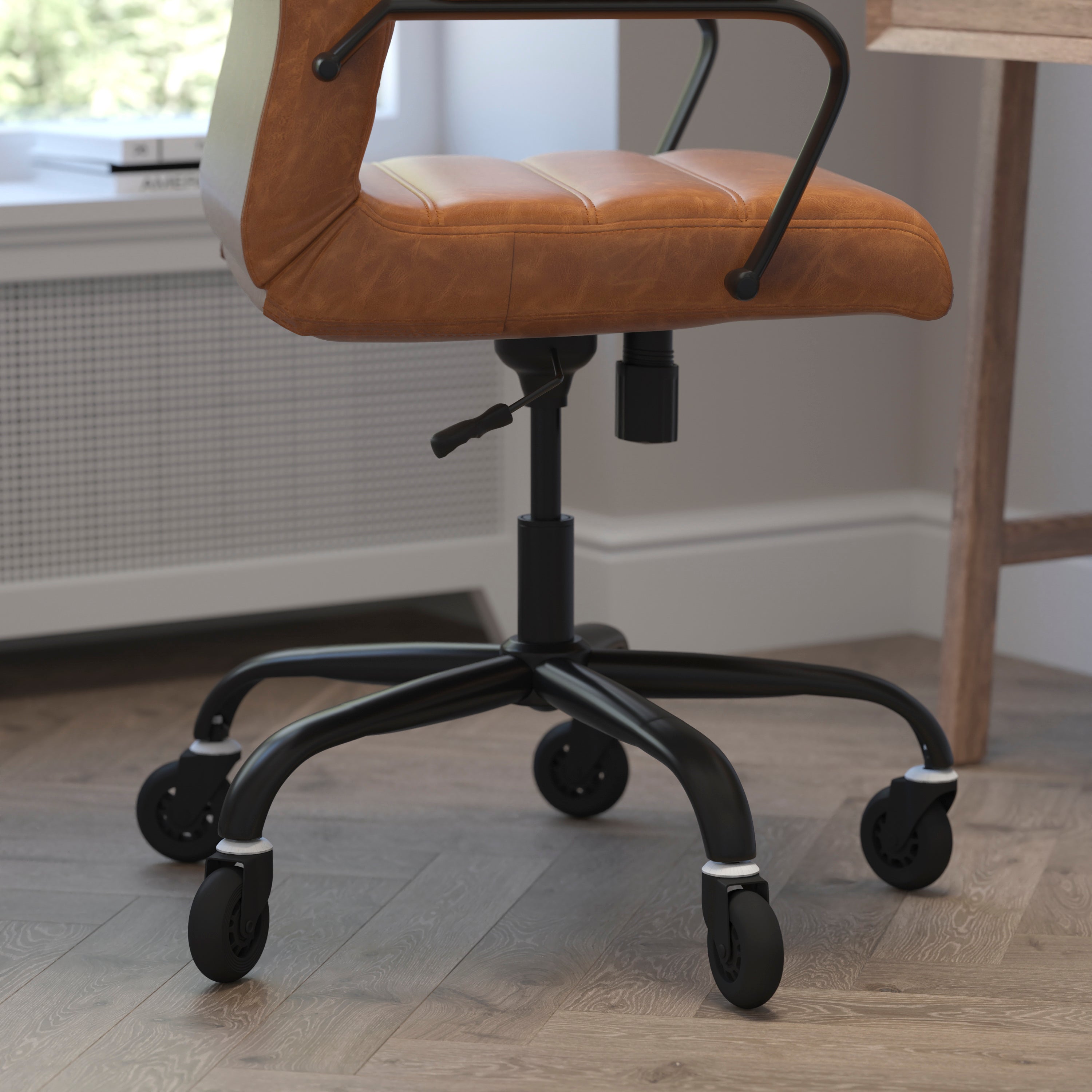 Whitney High Back Executive Swivel Office Chair with Black Frame, Arms, and Transparent Roller Wheels