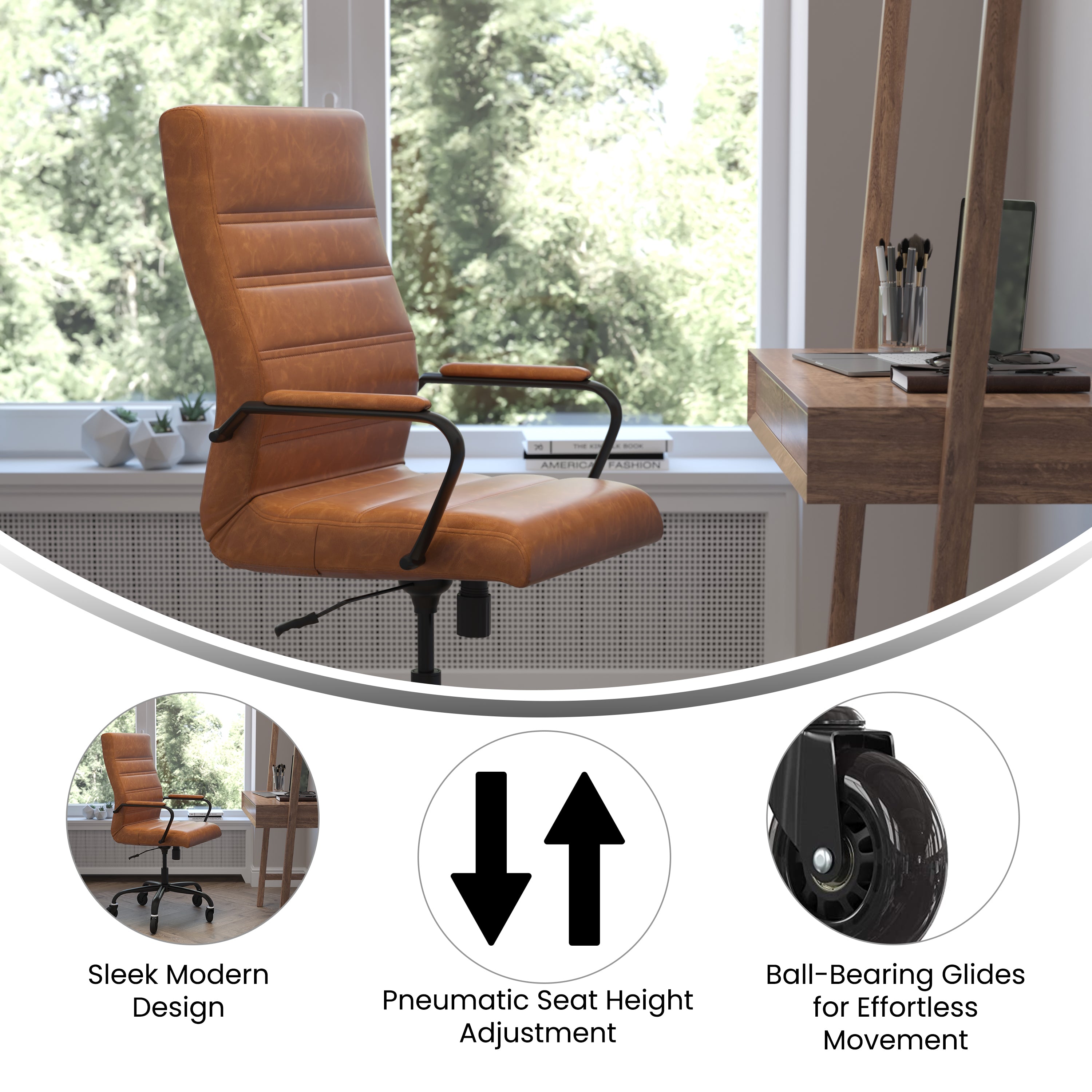 Whitney High Back Executive Swivel Office Chair with Black Frame, Arms, and Transparent Roller Wheels