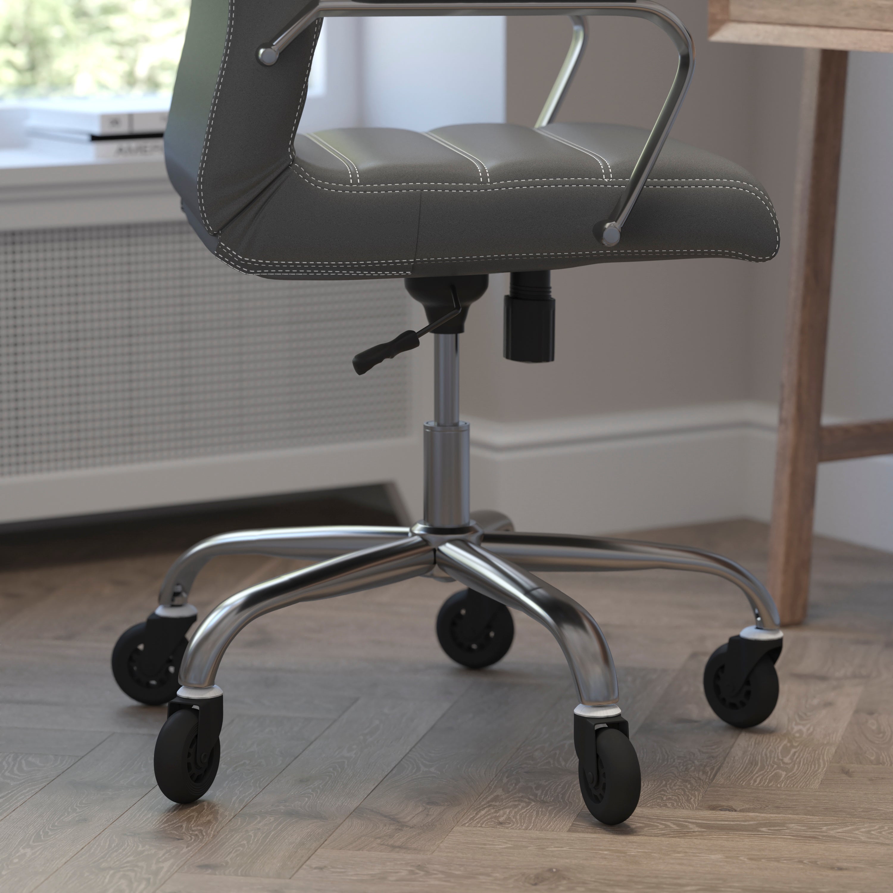 Whitney High Back Executive Swivel Office Chair with Black Frame, Arms, and Transparent Roller Wheels