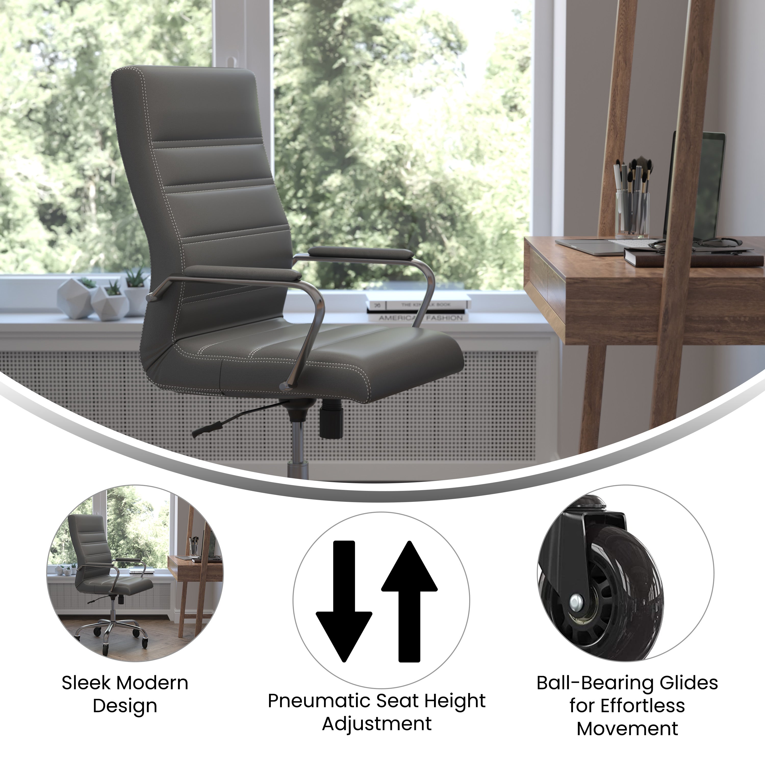 Whitney High Back Executive Swivel Office Chair with Black Frame, Arms, and Transparent Roller Wheels