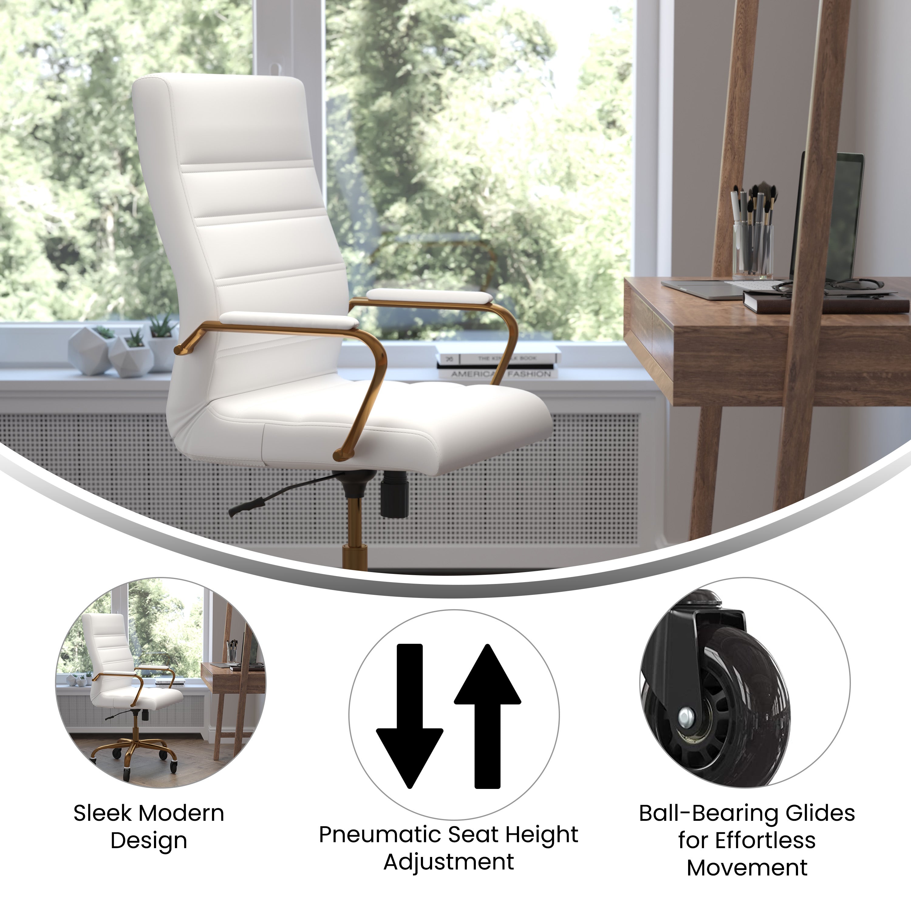 Whitney High Back Executive Swivel Office Chair with Black Frame, Arms, and Transparent Roller Wheels