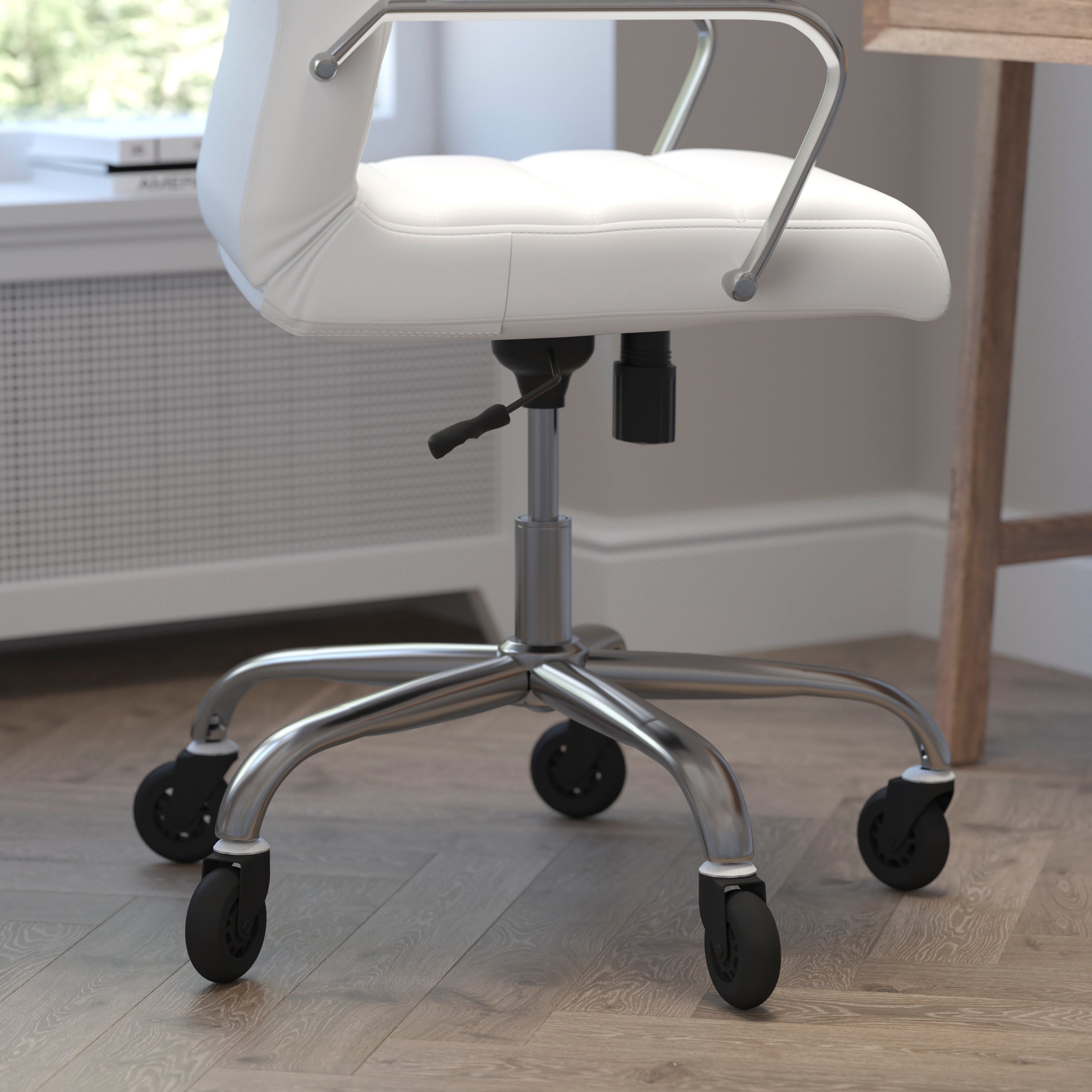 Whitney High Back Executive Swivel Office Chair with Black Frame, Arms, and Transparent Roller Wheels