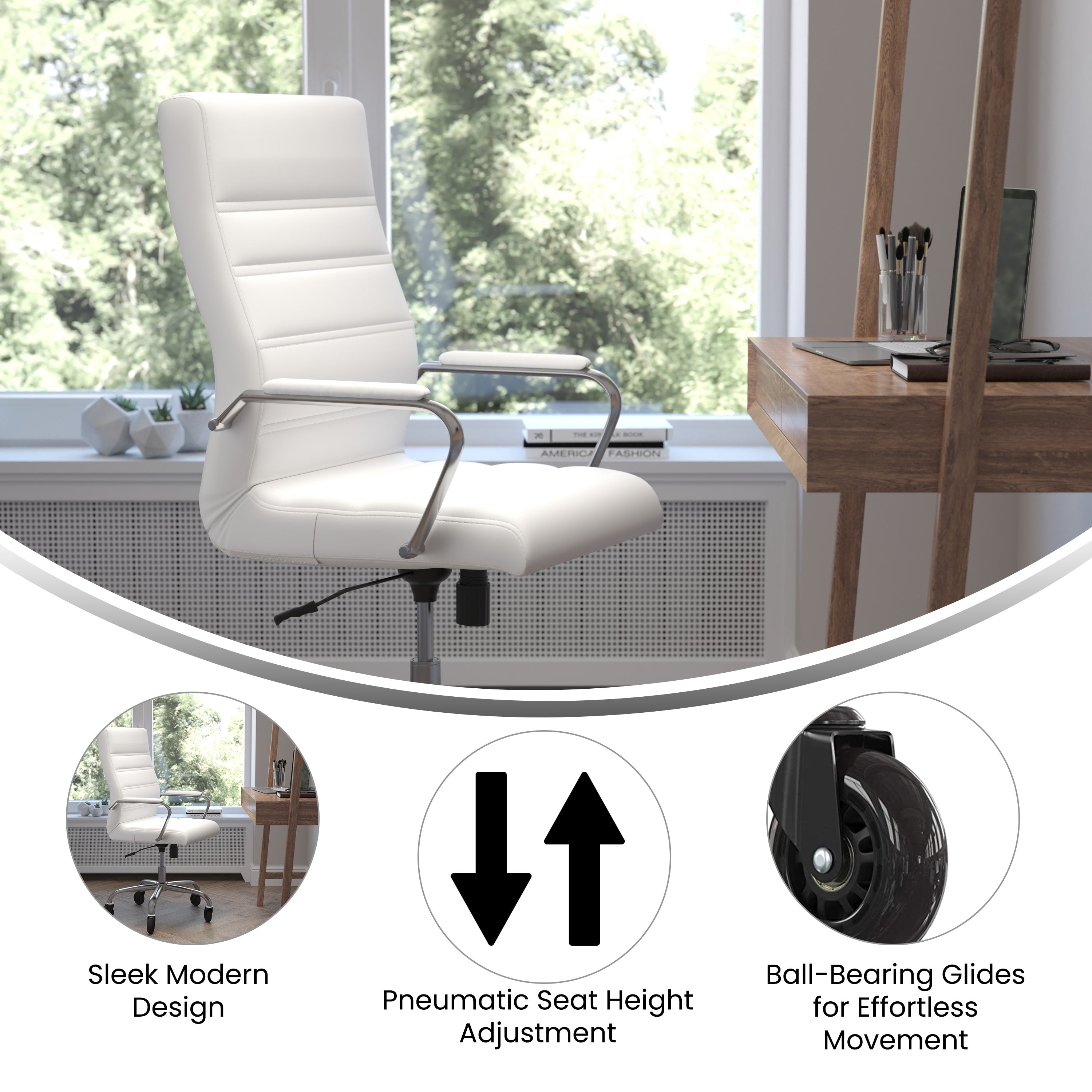 Whitney High Back Executive Swivel Office Chair with Black Frame, Arms, and Transparent Roller Wheels