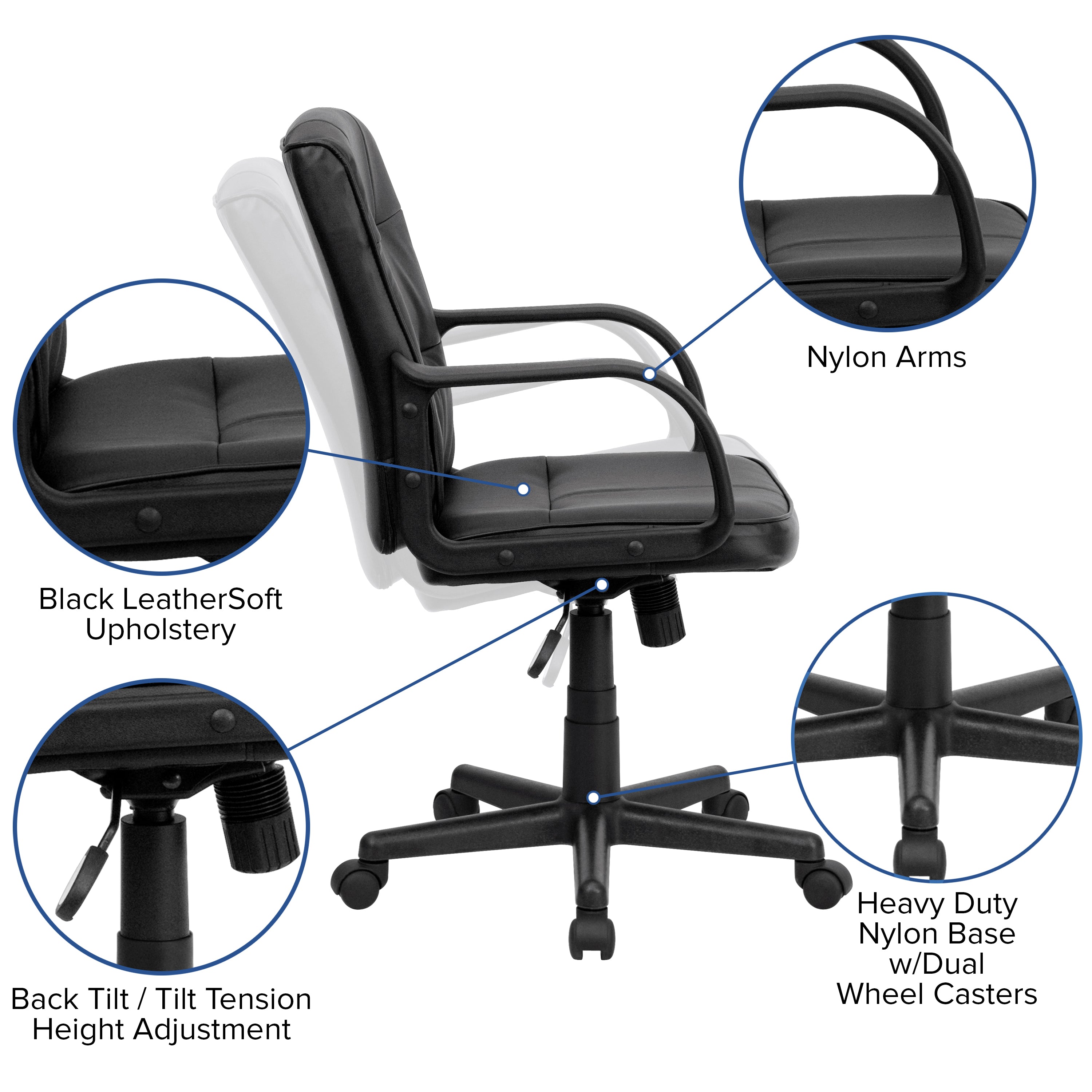 Mid-Back LeatherSoft Swivel Task Office Chair with Arms