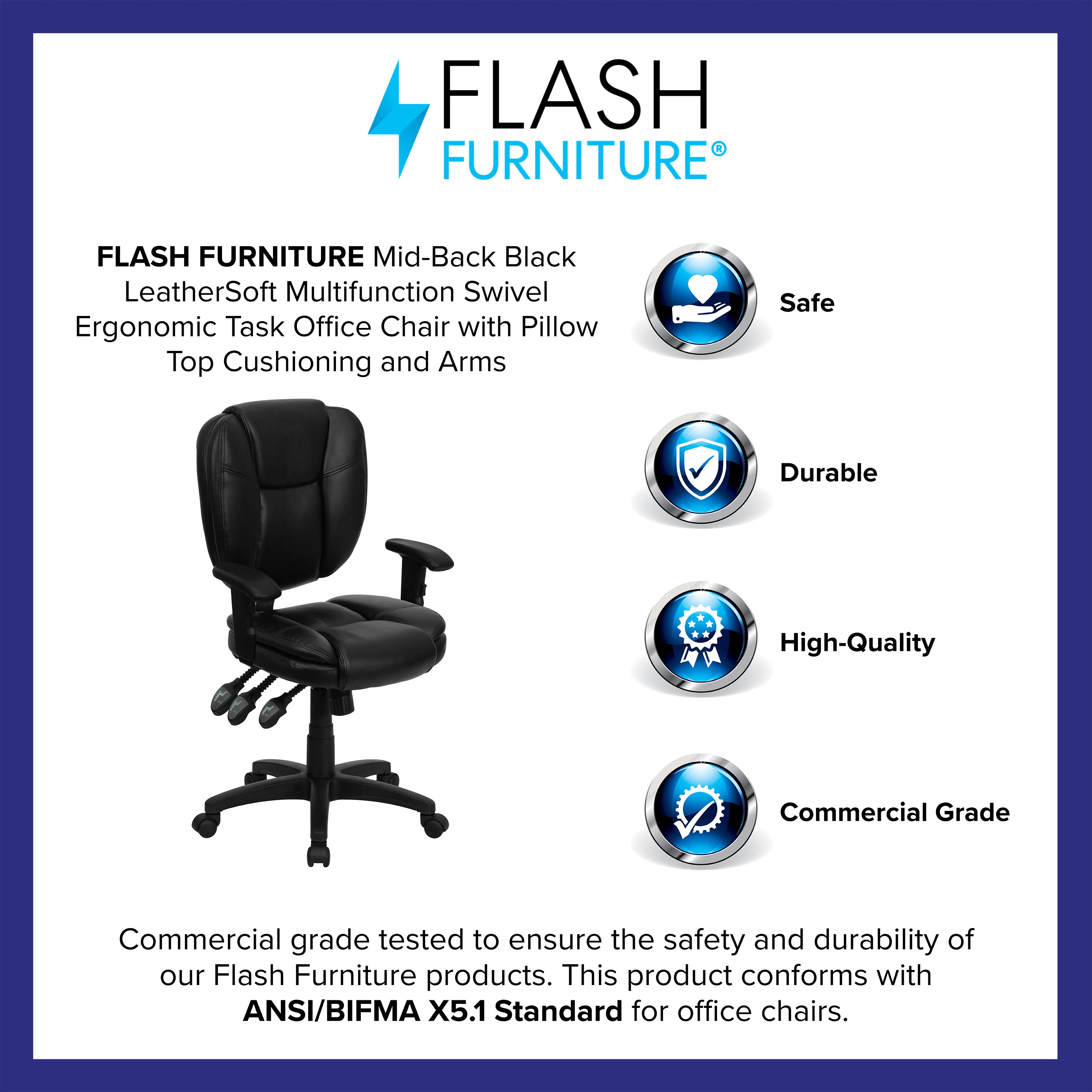 Mid-Back Multifunction Swivel Ergonomic Task Office Chair with Pillow Top Cushioning and Adjustable Arms