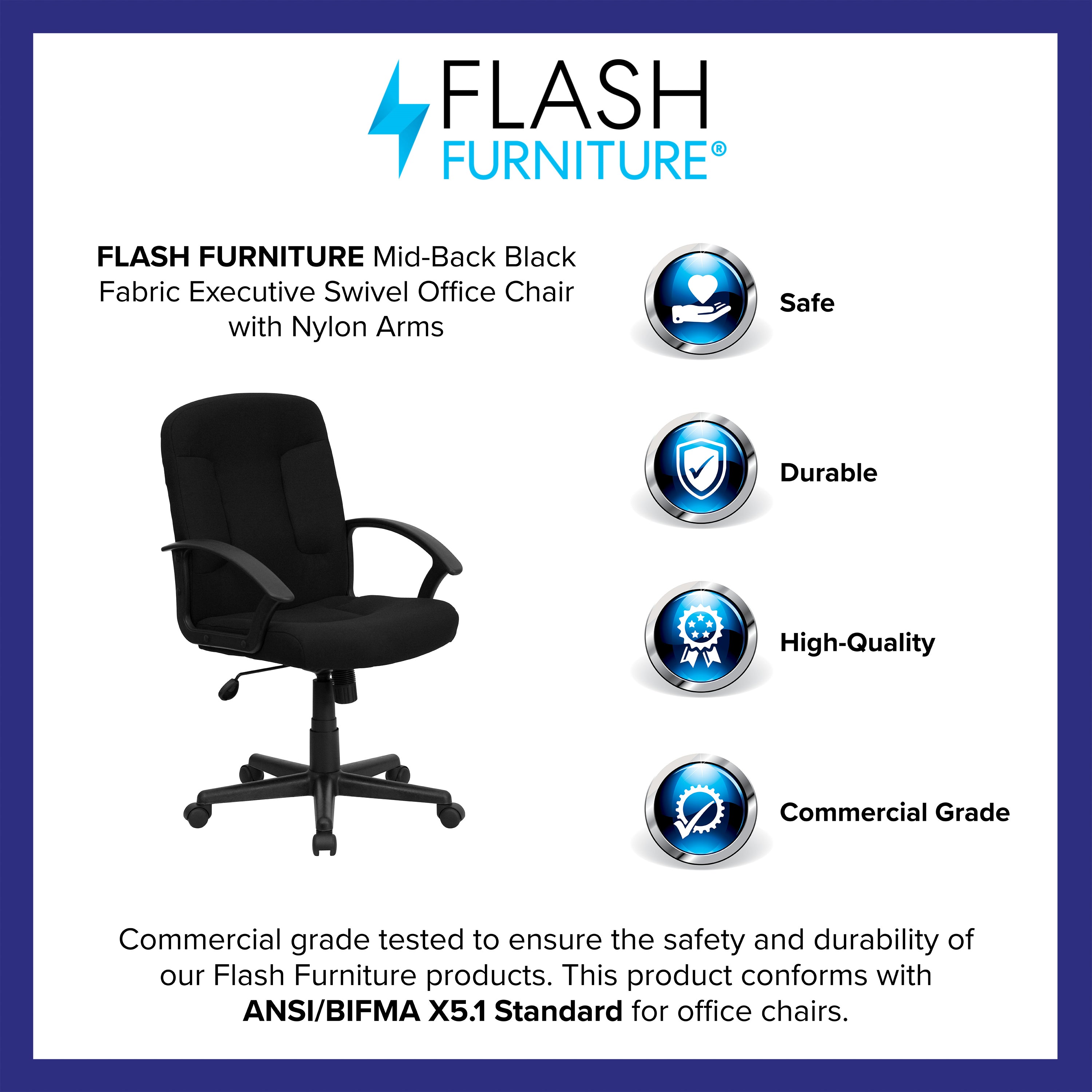 Mid-Back Fabric Executive Swivel Office Chair with Nylon Arms