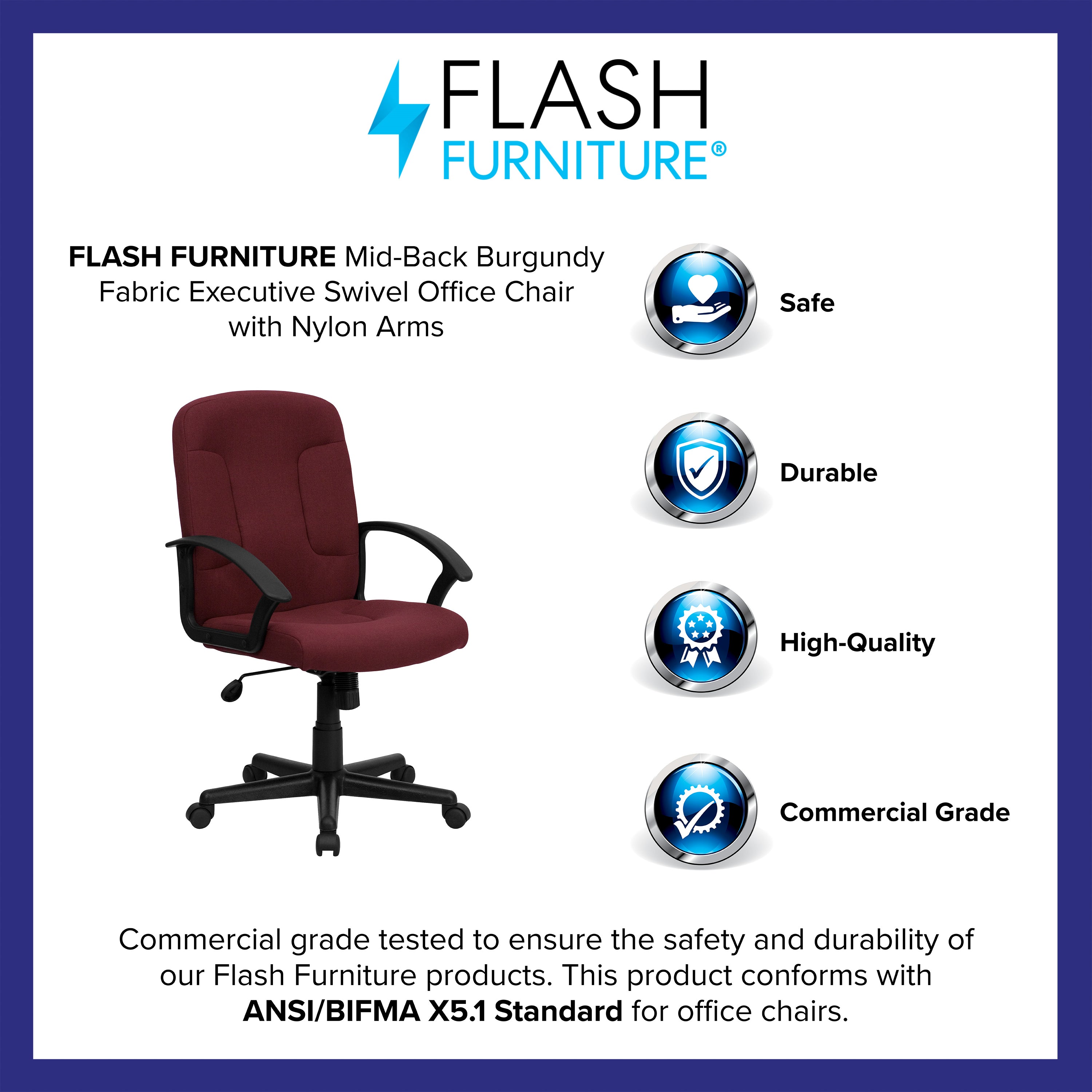 Mid-Back Fabric Executive Swivel Office Chair with Nylon Arms