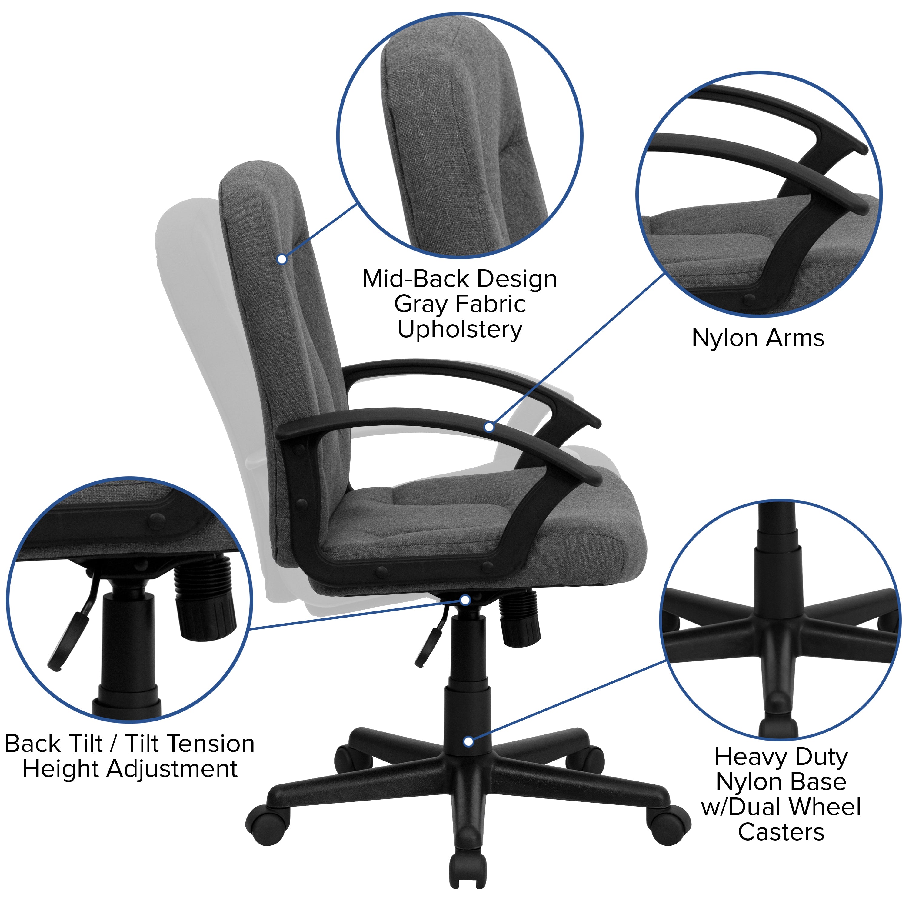 Mid-Back Fabric Executive Swivel Office Chair with Nylon Arms