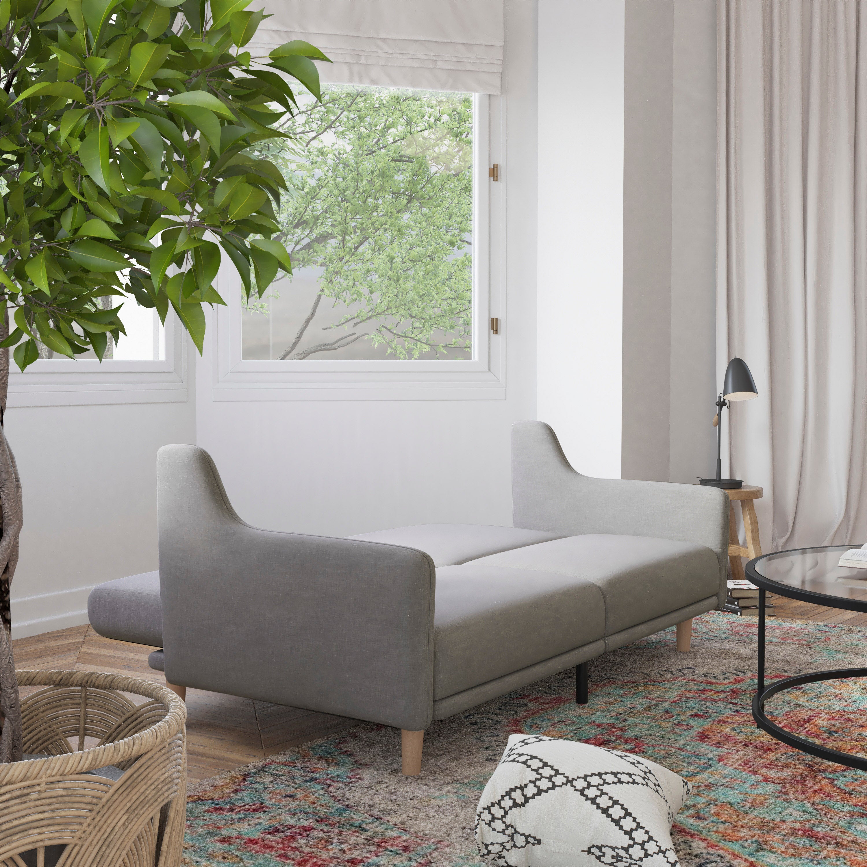 Delphine Premium Convertible Split Back Sofa Futon with Curved Armrests and Solid Wood Legs