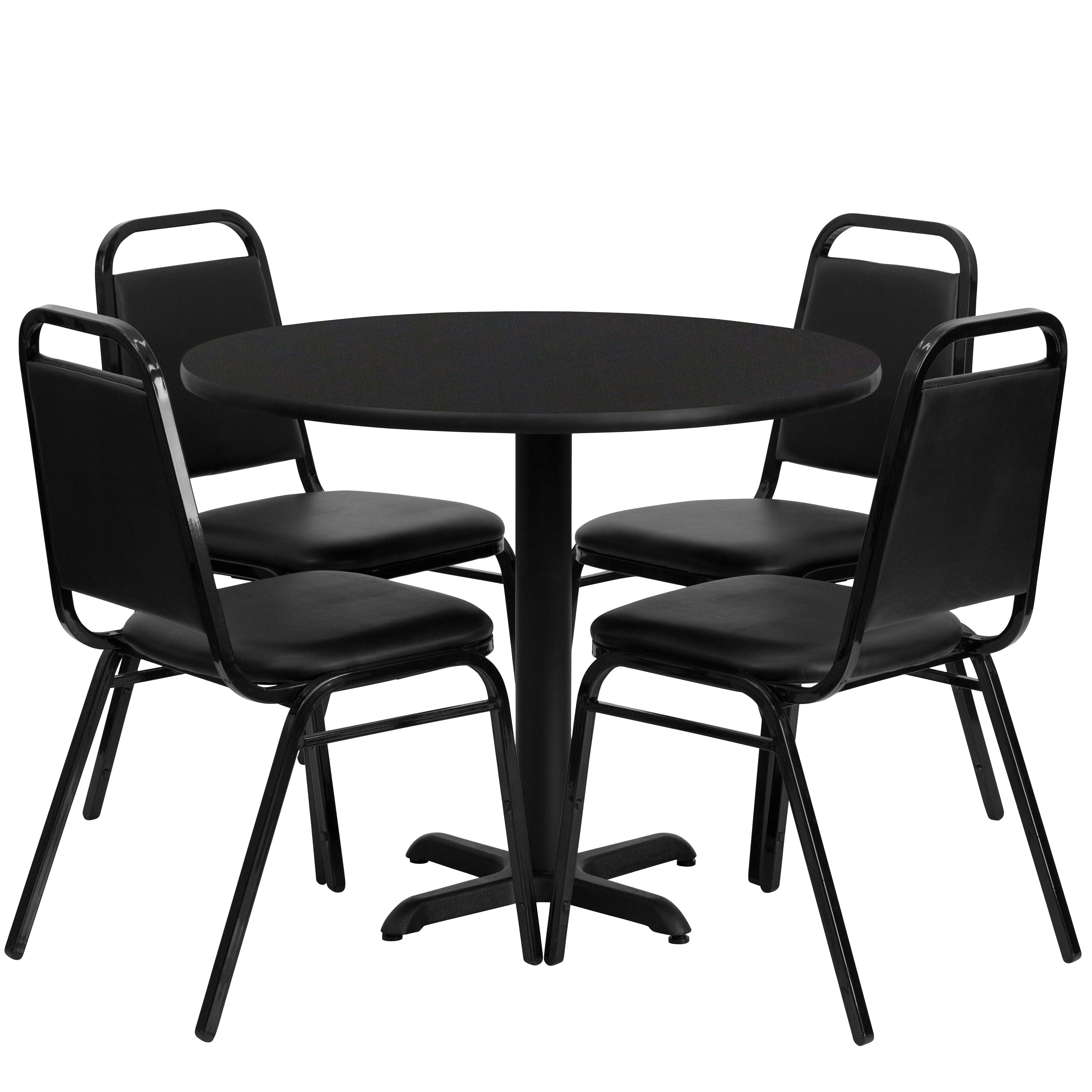 36'' Round Laminate Table Set with X-Base and 4 Trapezoidal Back Banquet Chairs-Laminate Restaurant Table and Chair Set-Flash Furniture-Wall2Wall Furnishings