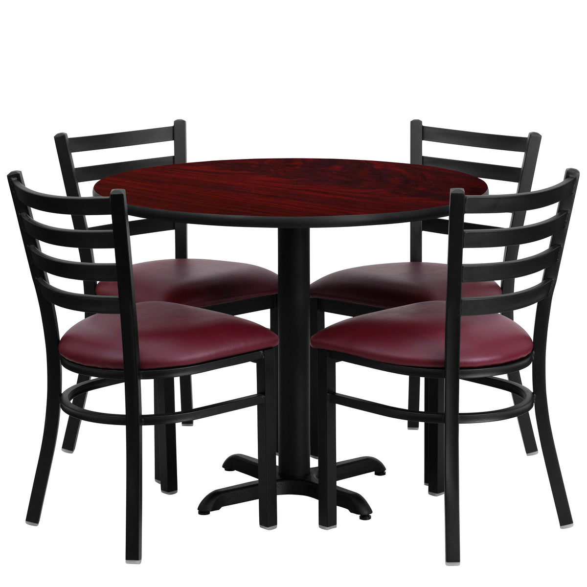 36'' Round Laminate Table Set with X-Base and 4 Ladder Back Metal Chairs