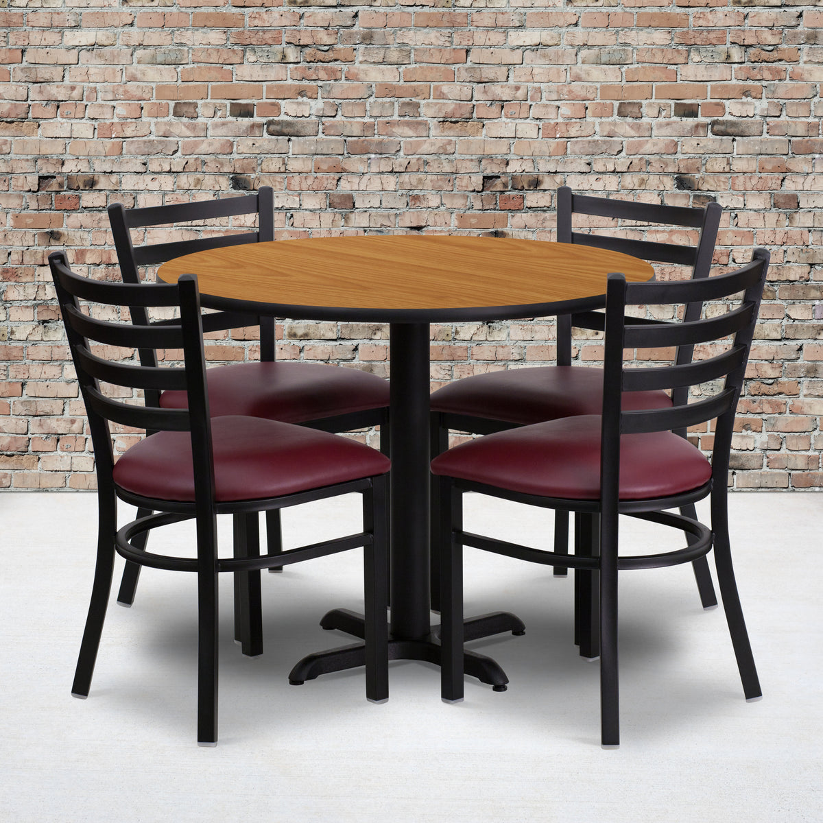 36'' Round Laminate Table Set with X-Base and 4 Ladder Back Metal Chairs