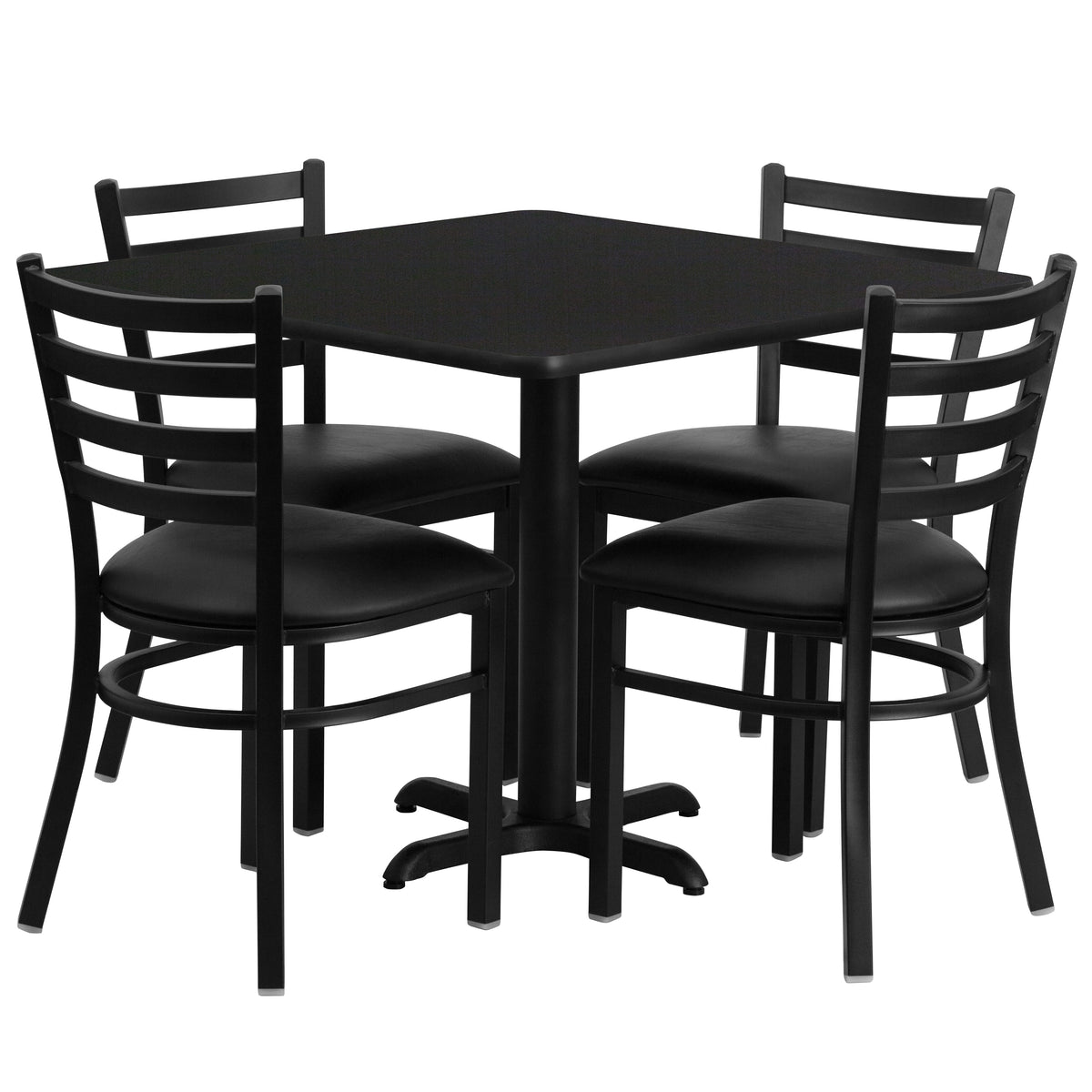 36'' Square Laminate Table Set with X-Base and 4 Ladder Back Metal Chairs