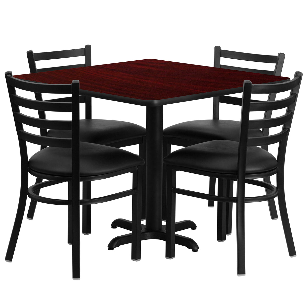 36'' Square Laminate Table Set with X-Base and 4 Ladder Back Metal Chairs