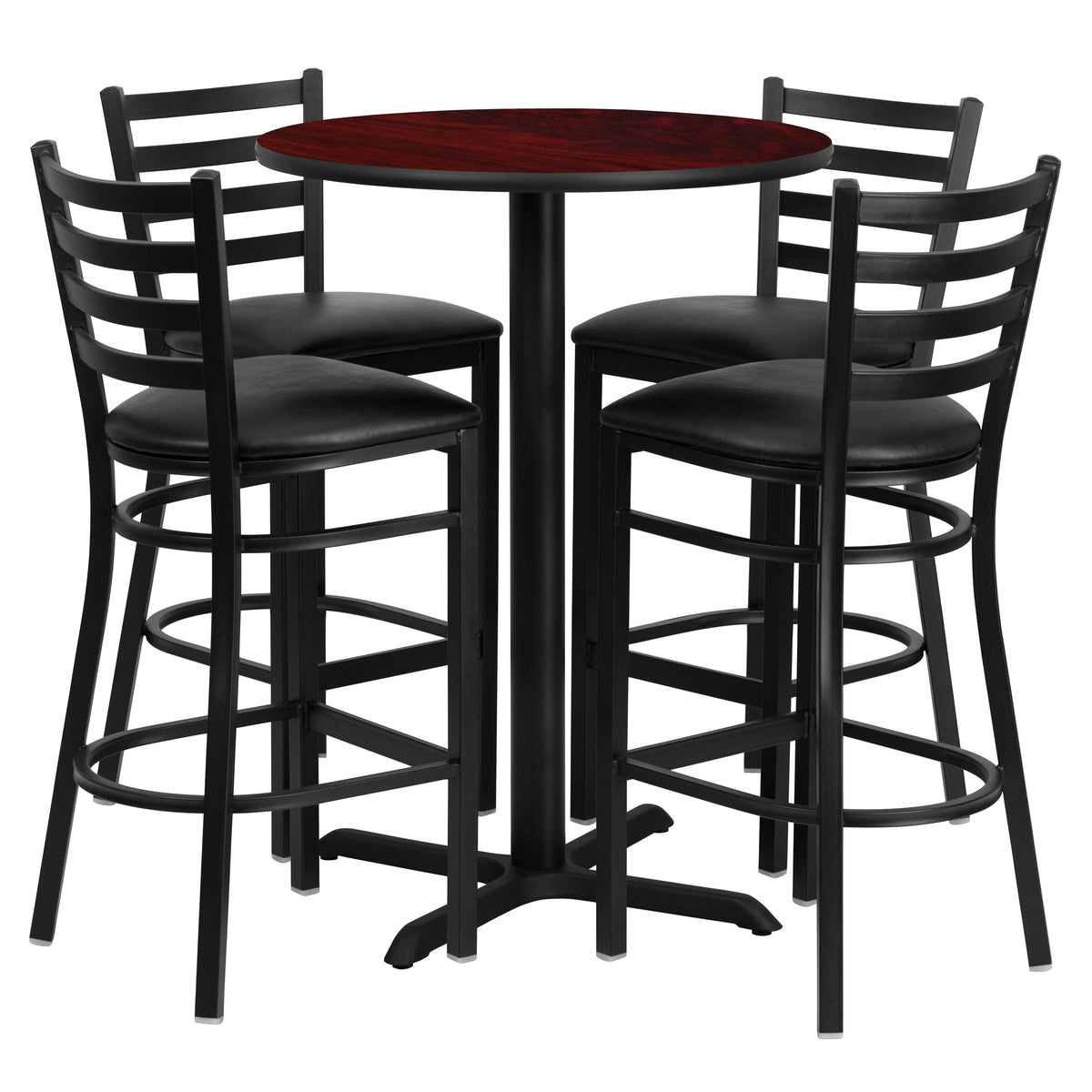 30'' Round Laminate Table Set with X-Base and 4 Ladder Back Metal Barstools