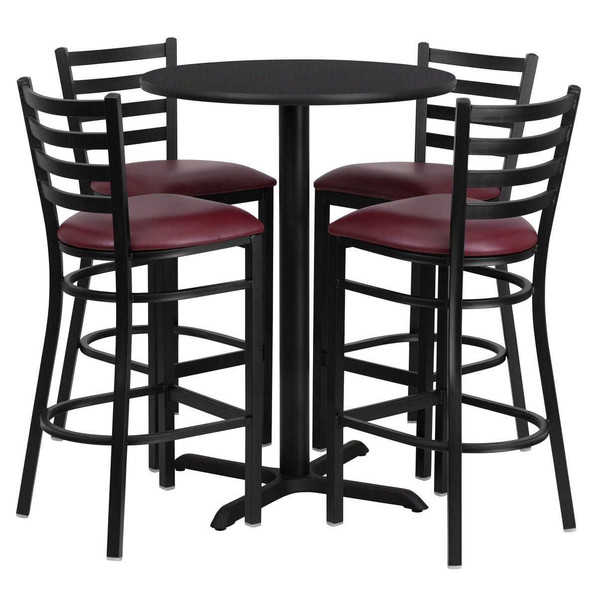 30'' Round Laminate Table Set with X-Base and 4 Ladder Back Metal Barstools