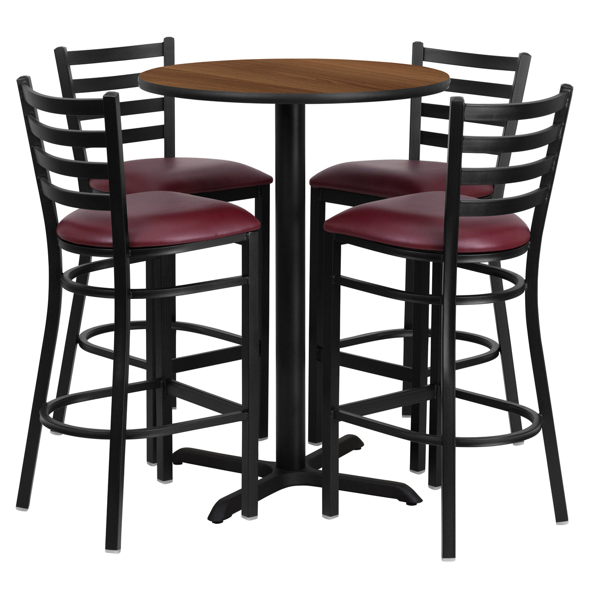 30'' Round Laminate Table Set with X-Base and 4 Ladder Back Metal Barstools