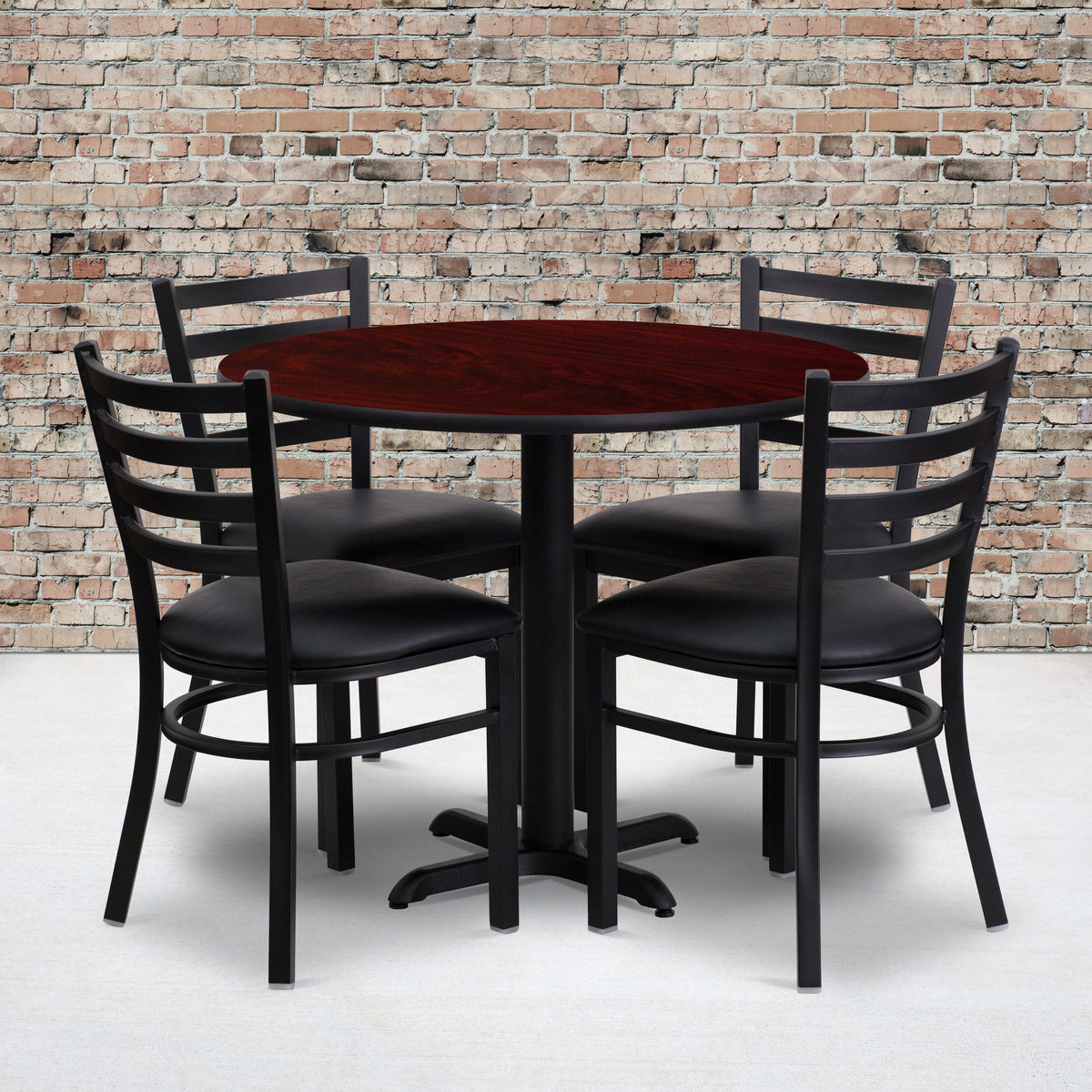 36'' Round Laminate Table Set with X-Base and 4 Ladder Back Metal Chairs