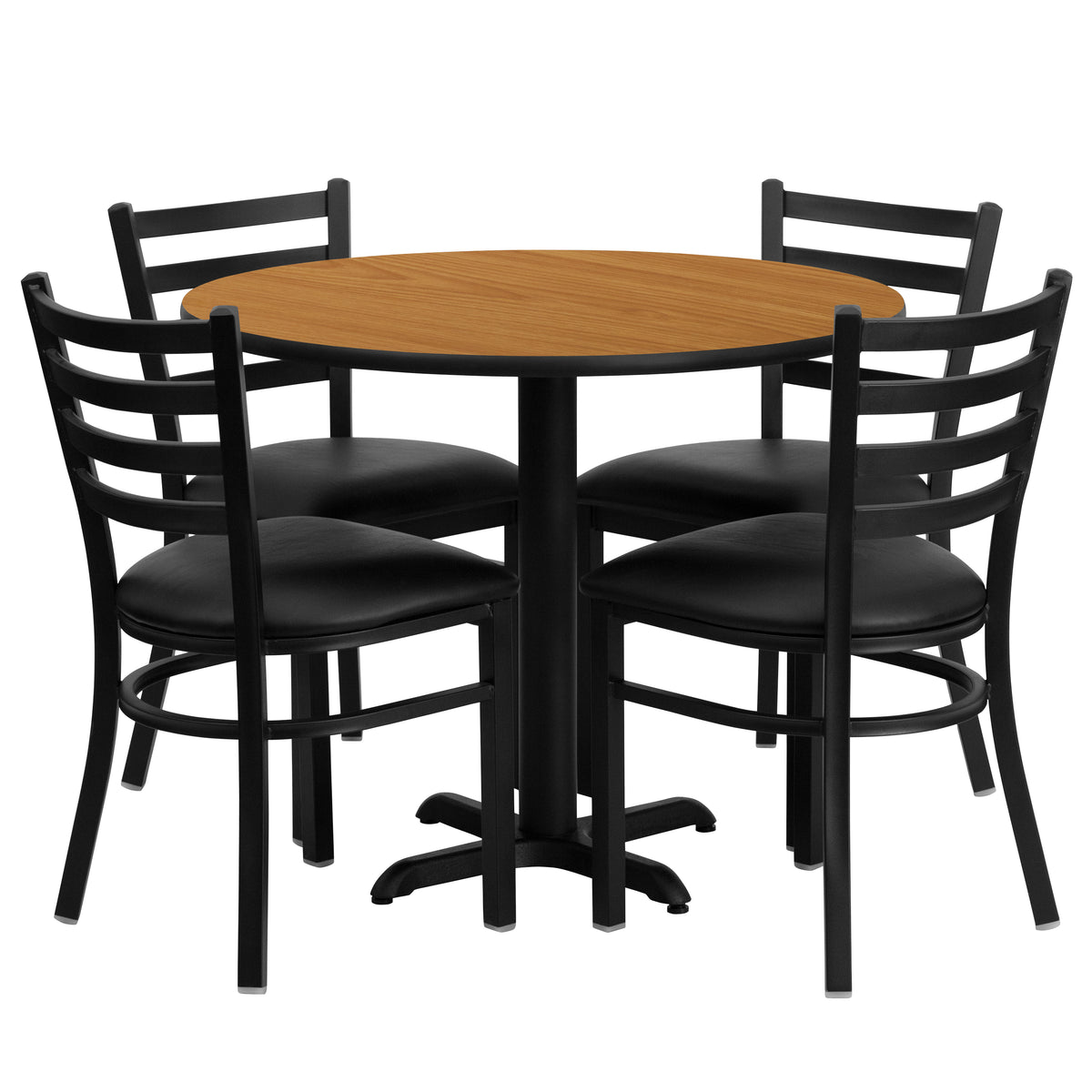 36'' Round Laminate Table Set with X-Base and 4 Ladder Back Metal Chairs