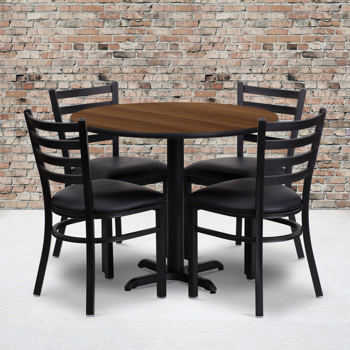 36'' Round Laminate Table Set with X-Base and 4 Ladder Back Metal Chairs