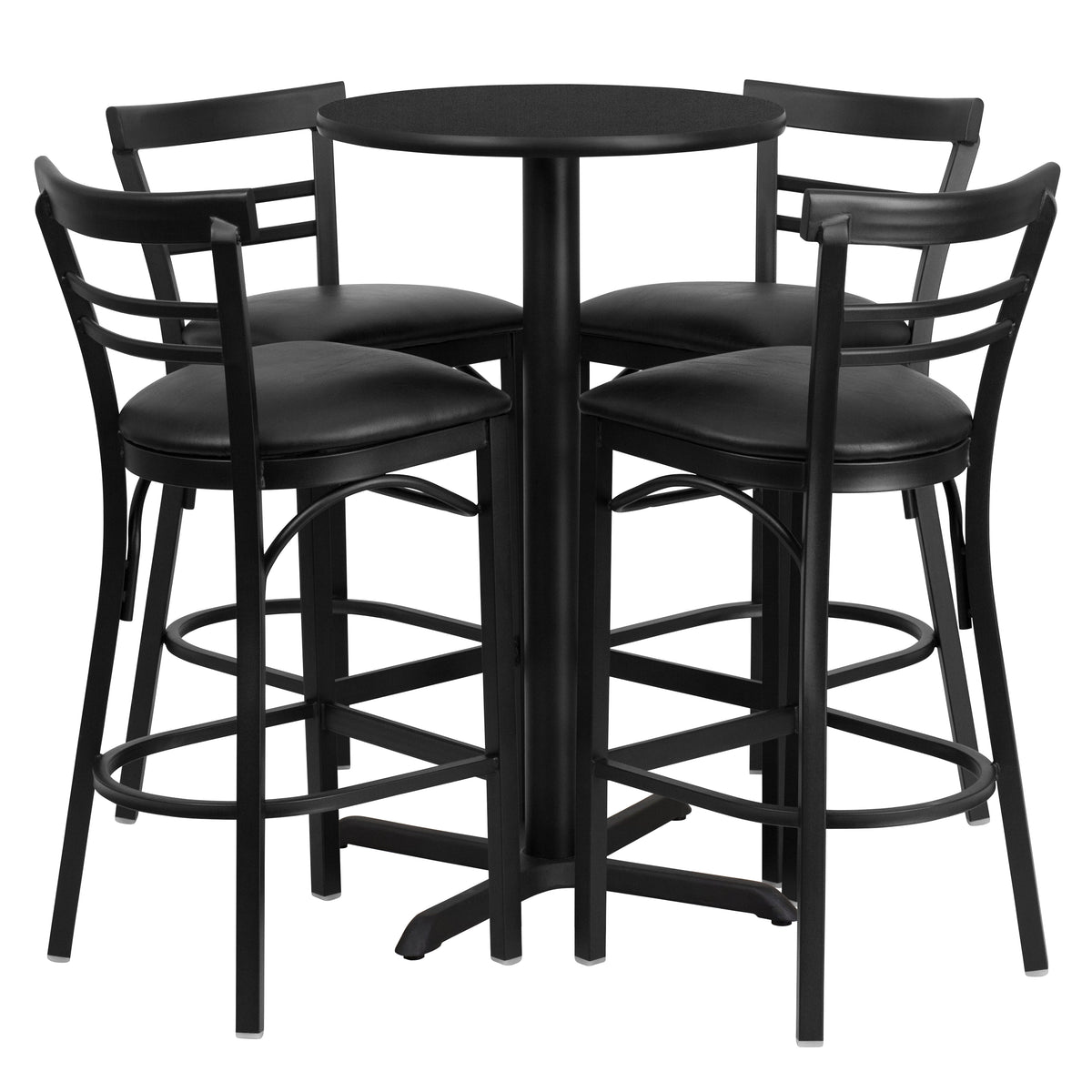 24'' Round Laminate Table Set with X-Base and 4 Two-Slat Ladder Back Metal Barstools