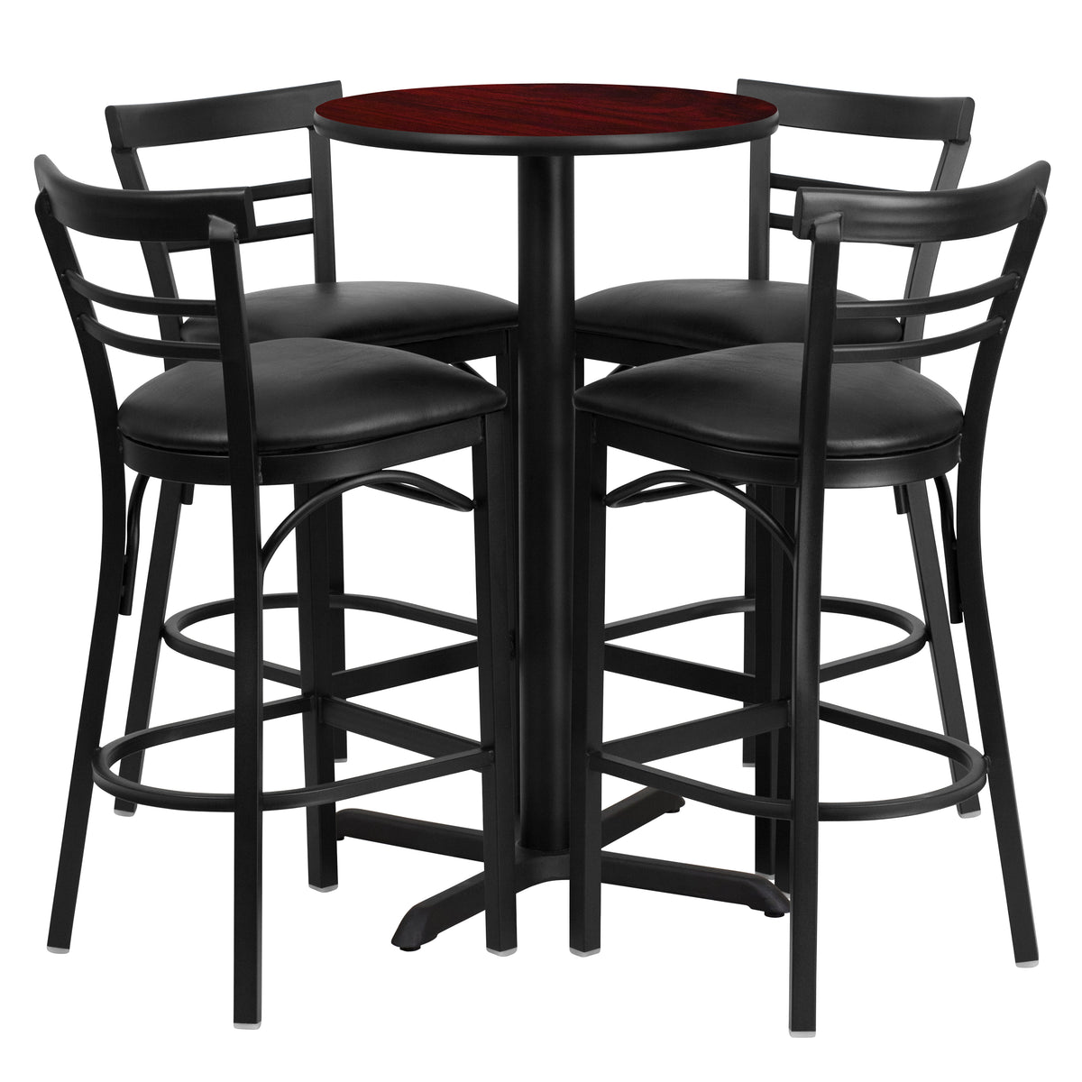 24'' Round Laminate Table Set with X-Base and 4 Two-Slat Ladder Back Metal Barstools