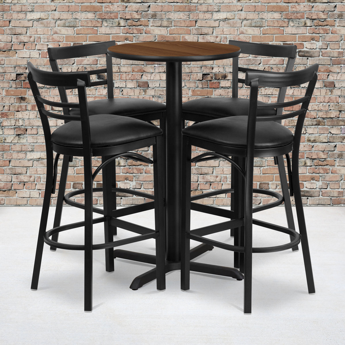 24'' Round Laminate Table Set with X-Base and 4 Two-Slat Ladder Back Metal Barstools