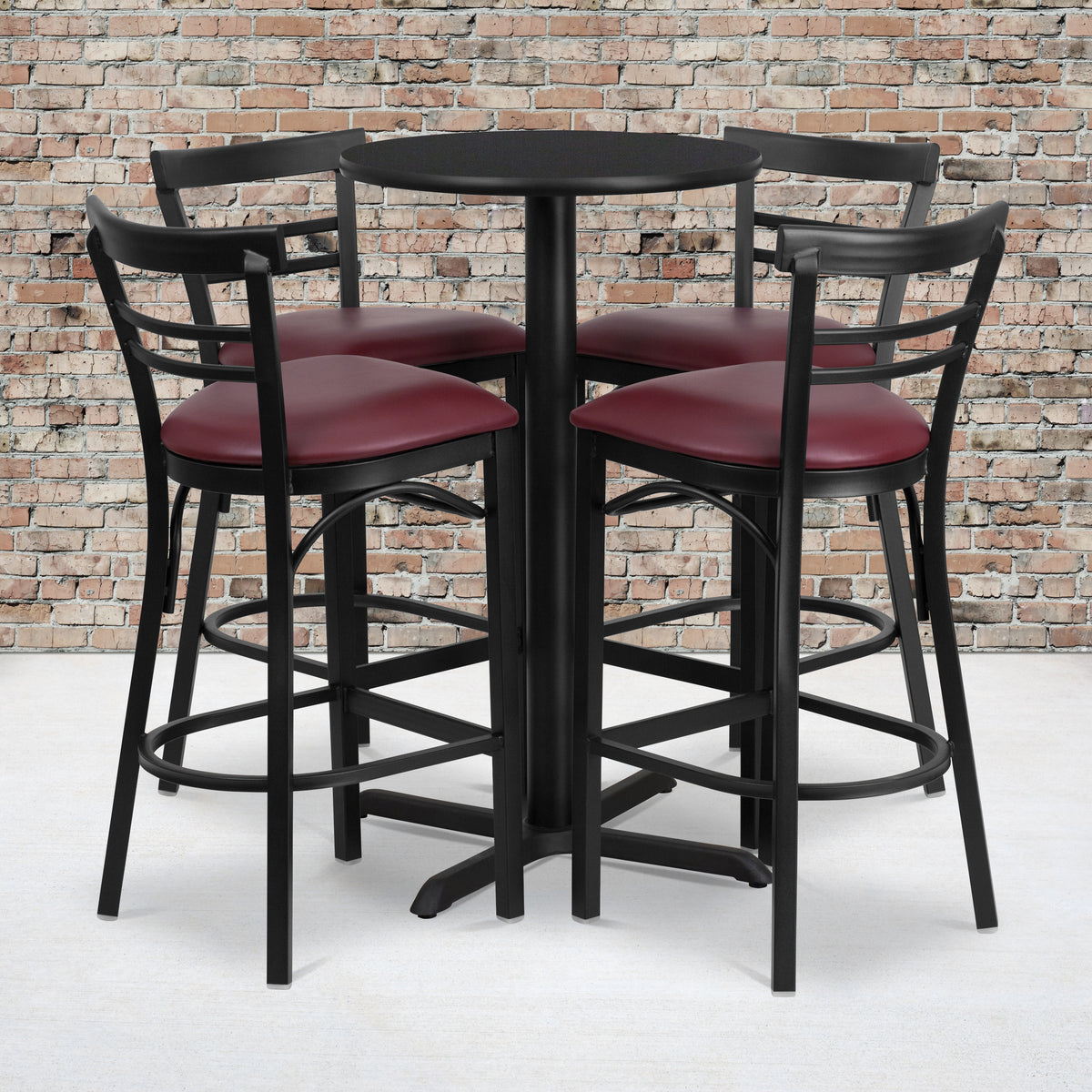 24'' Round Laminate Table Set with X-Base and 4 Two-Slat Ladder Back Metal Barstools