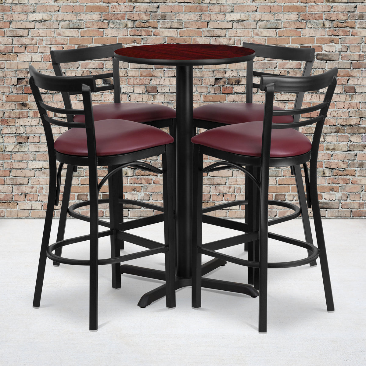24'' Round Laminate Table Set with X-Base and 4 Two-Slat Ladder Back Metal Barstools