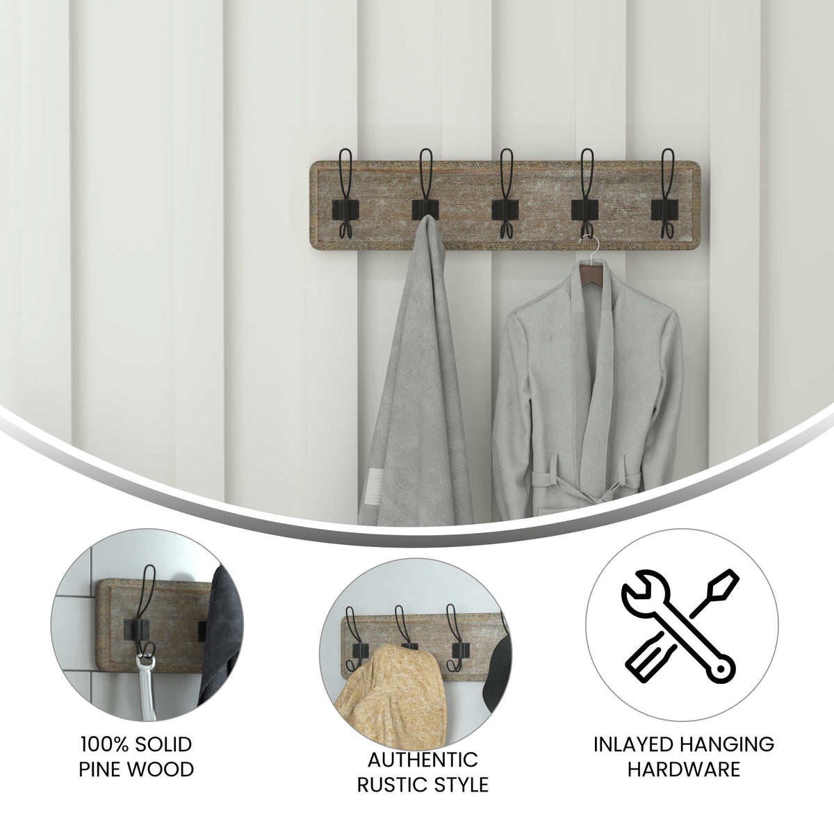 Daly Wall Mounted Solid Pine Wood Storage Rack with 5 Hanging Hooks For Entryway, Kitchen, Bathroom