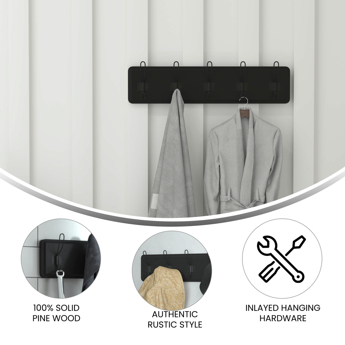 Daly Wall Mounted Solid Pine Wood Storage Rack with 5 Hanging Hooks For Entryway, Kitchen, Bathroom