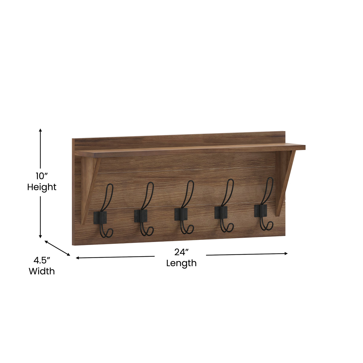 Daly Wall Mounted Solid Pine Wood Storage Rack with Upper Shelf and 5 Hanging Hooks For Entryway, Kitchen, Bathroom