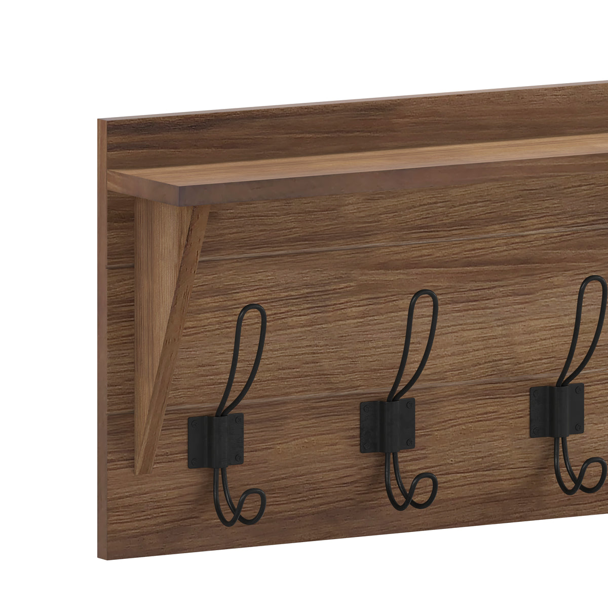 Daly Wall Mounted Solid Pine Wood Storage Rack with Upper Shelf and 5 Hanging Hooks For Entryway, Kitchen, Bathroom