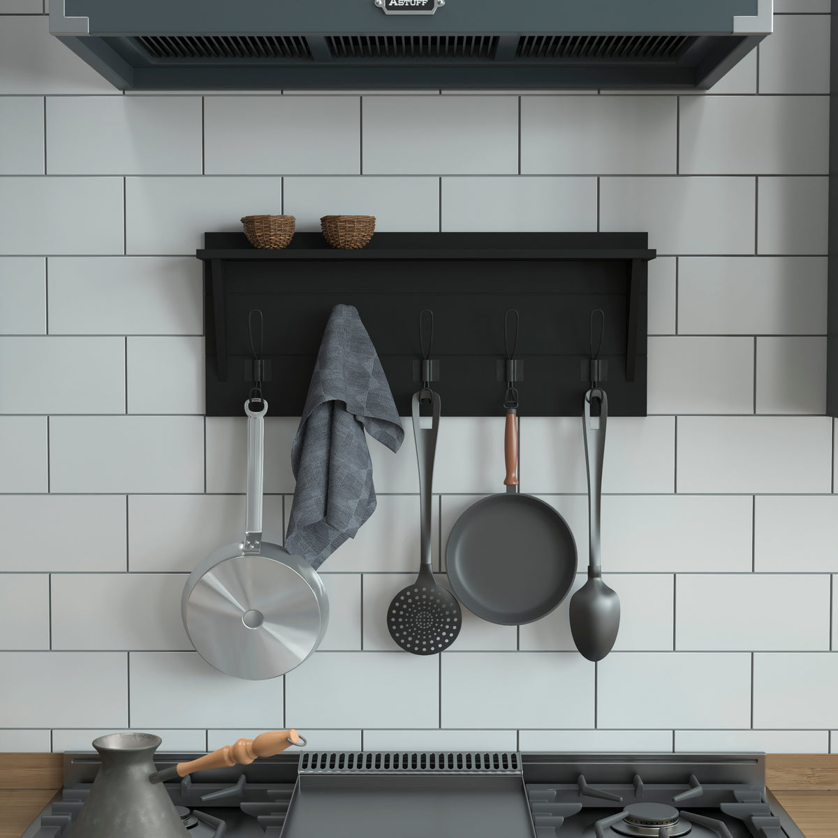 Daly Wall Mounted Solid Pine Wood Storage Rack with Upper Shelf and 5 Hanging Hooks For Entryway, Kitchen, Bathroom