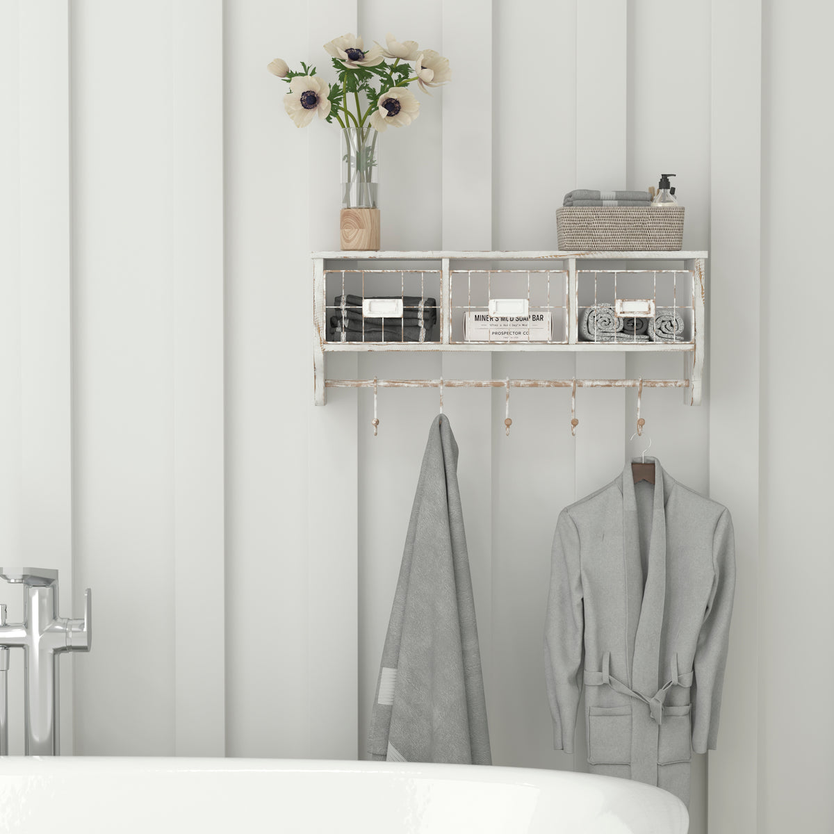 Daly Wall Mounted 24 Inch Solid Pine Wood Storage Rack with Upper Shelf, 5 Hanging Hooks, and Wire Baskets For Entryway, Kitchen, Bathroom