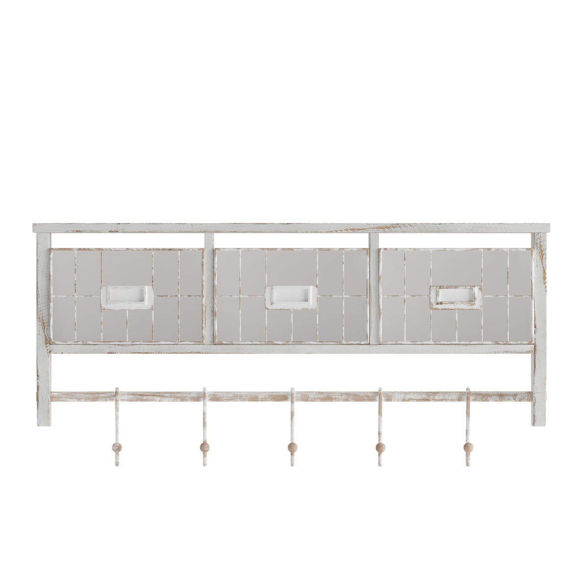 Daly Wall Mounted 24 Inch Solid Pine Wood Storage Rack with Upper Shelf, 5 Hanging Hooks, and Wire Baskets For Entryway, Kitchen, Bathroom