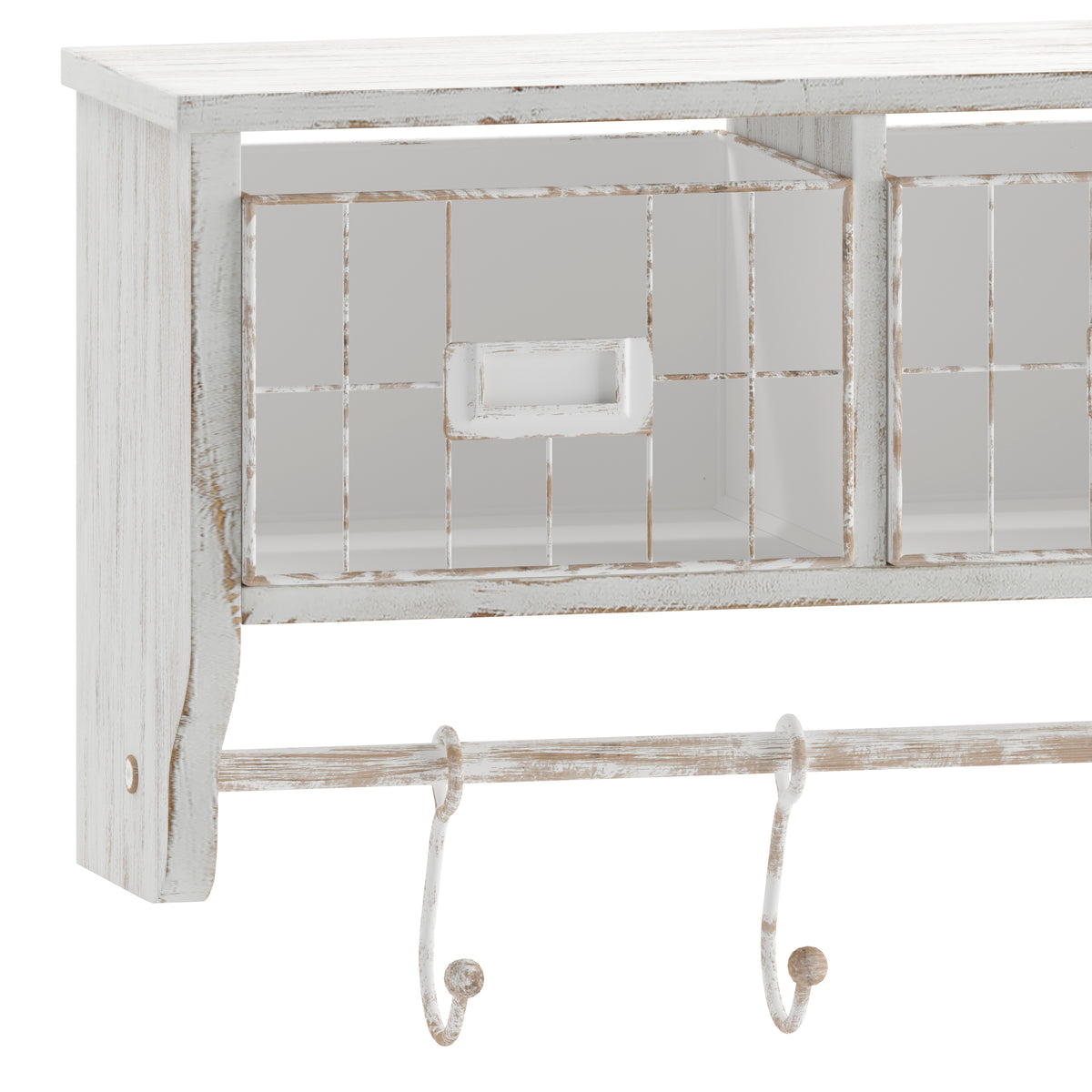 Daly Wall Mounted 24 Inch Solid Pine Wood Storage Rack with Upper Shelf, 5 Hanging Hooks, and Wire Baskets For Entryway, Kitchen, Bathroom