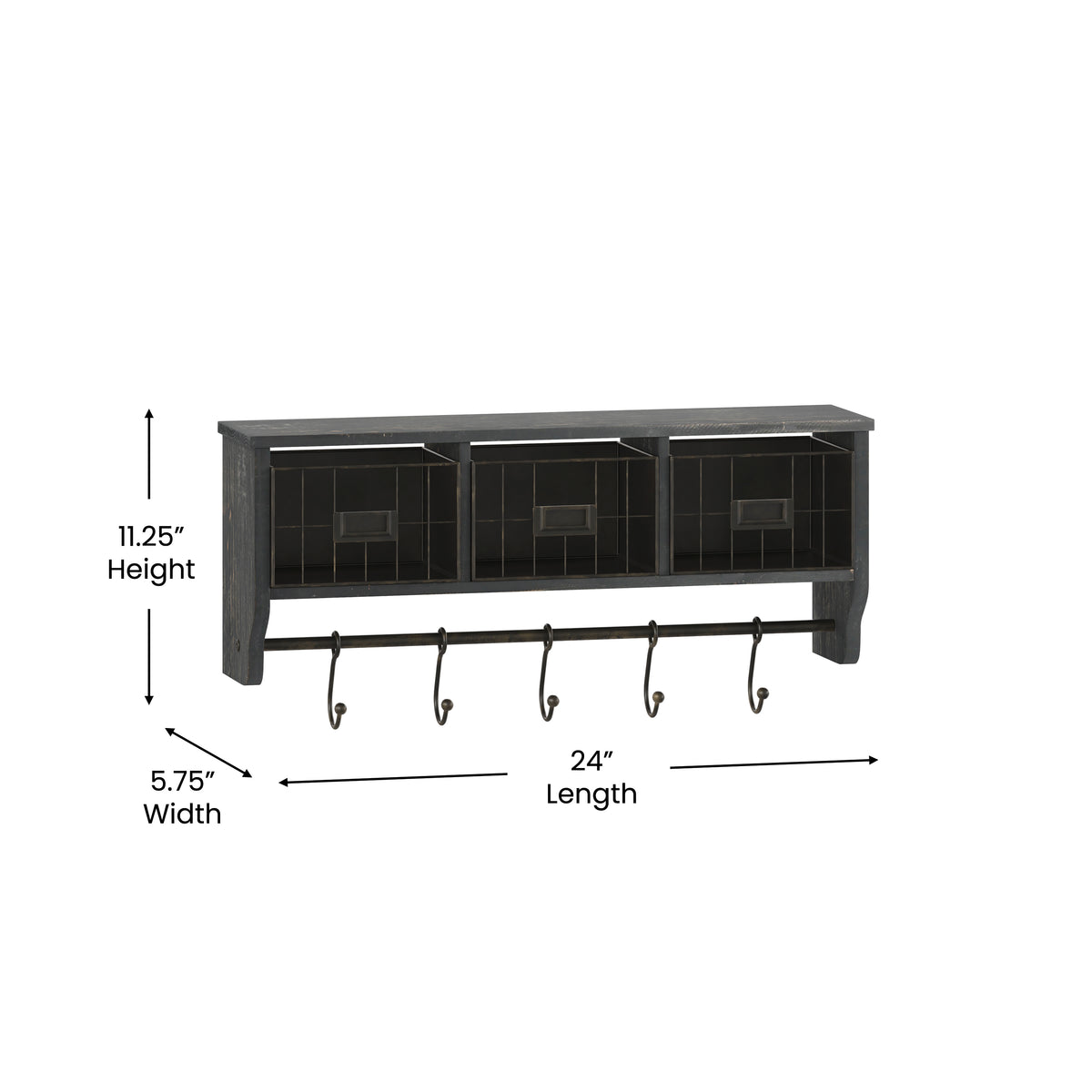 Daly Wall Mounted 24 Inch Solid Pine Wood Storage Rack with Upper Shelf, 5 Hanging Hooks, and Wire Baskets For Entryway, Kitchen, Bathroom