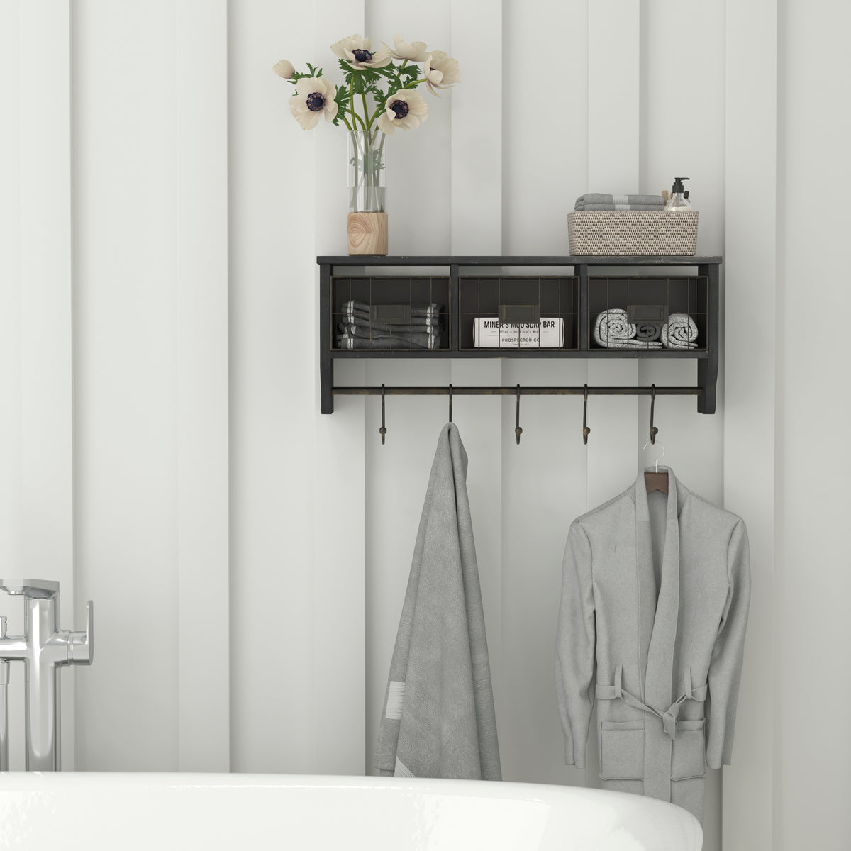 Daly Wall Mounted 24 Inch Solid Pine Wood Storage Rack with Upper Shelf, 5 Hanging Hooks, and Wire Baskets For Entryway, Kitchen, Bathroom