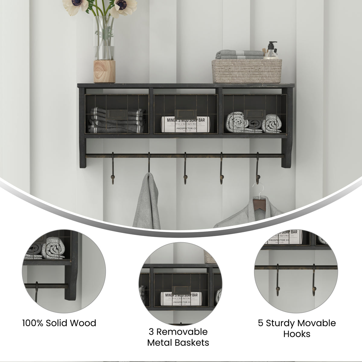 Daly Wall Mounted 24 Inch Solid Pine Wood Storage Rack with Upper Shelf, 5 Hanging Hooks, and Wire Baskets For Entryway, Kitchen, Bathroom