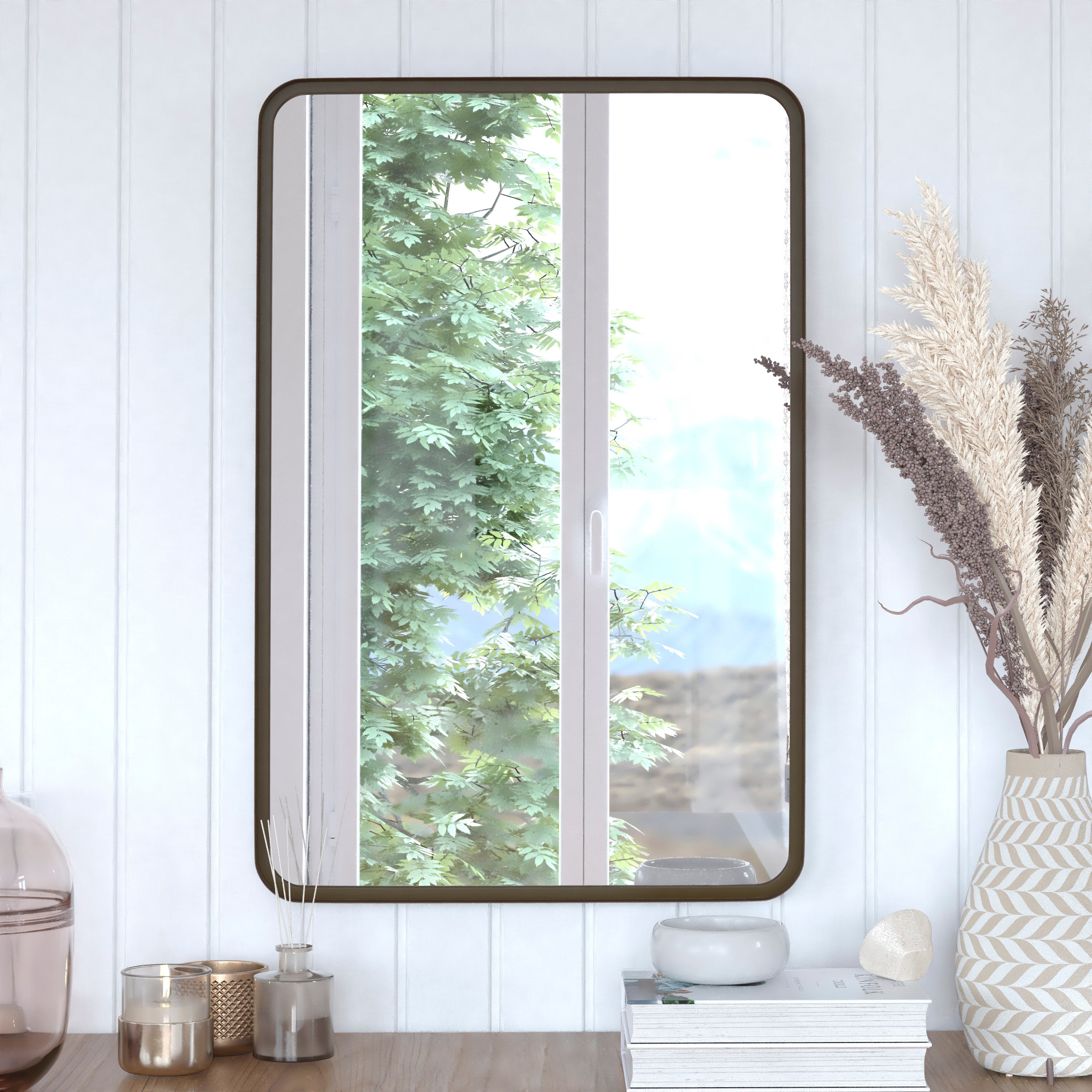 Janinne Decorative Wall Mirror - Rounded Corners, Bathroom & Living Room Glass Mirror Hangs Horizontal Or Vertical