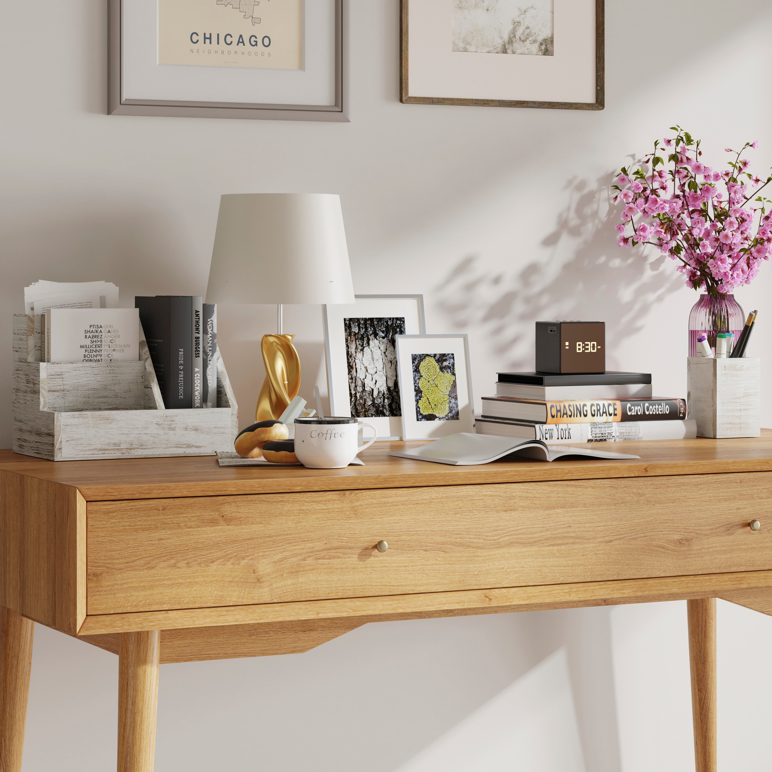 Comerford 3 Piece Metal and Wood Organizer Set For Desktop, Countertop, or Vanity