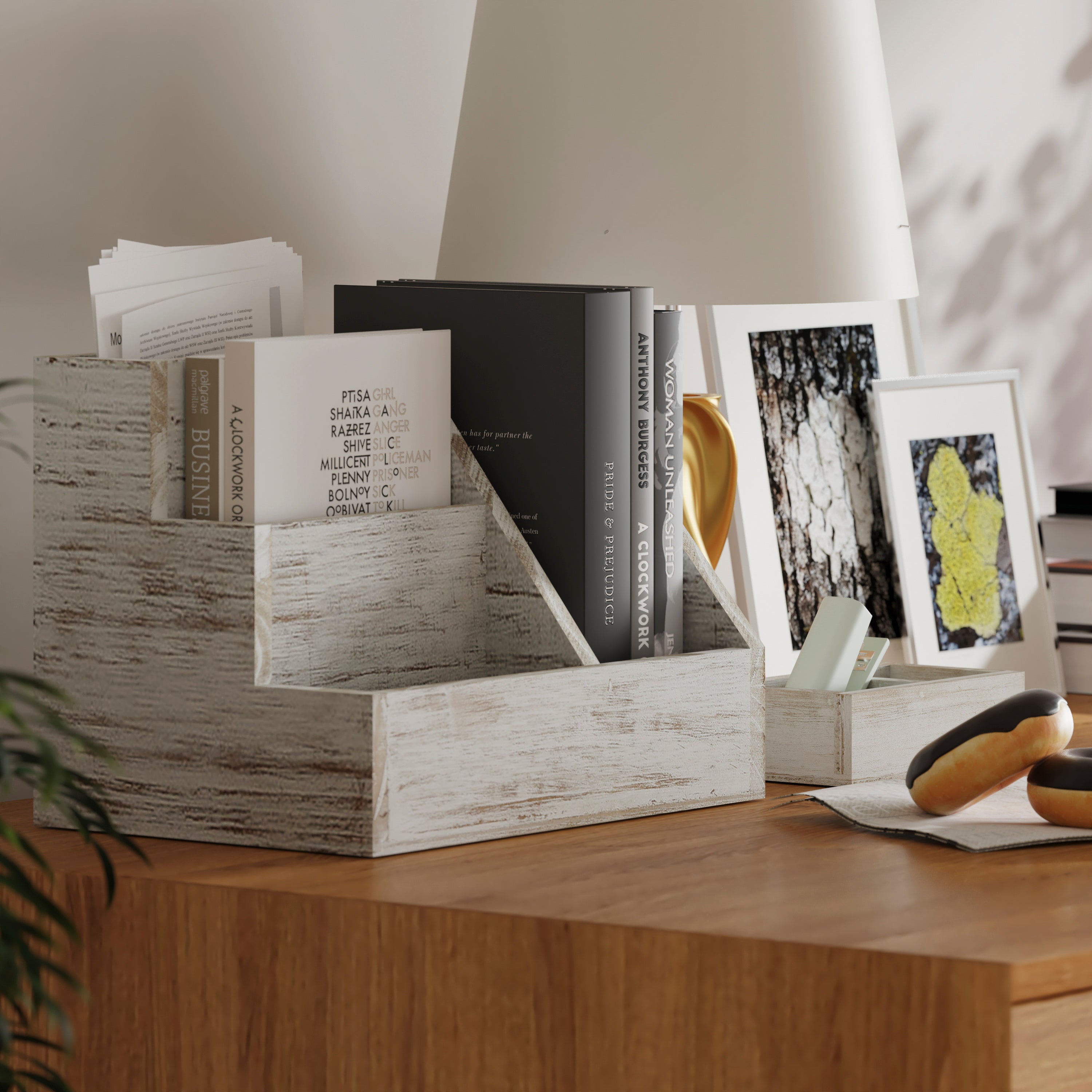 Comerford 3 Piece Metal and Wood Organizer Set For Desktop, Countertop, or Vanity