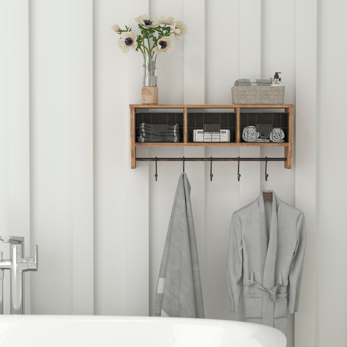 Daly Wall Mounted 24 Inch Solid Pine Wood Storage Rack with Upper Shelf, 5 Hanging Hooks, and Wire Baskets For Entryway, Kitchen, Bathroom