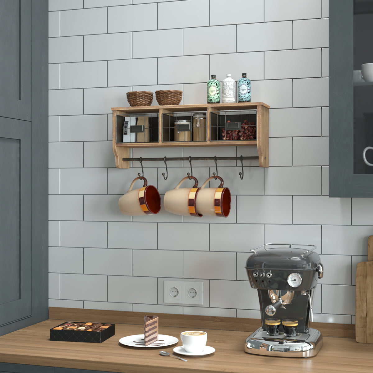 Daly Wall Mounted 24 Inch Solid Pine Wood Storage Rack with Upper Shelf, 5 Hanging Hooks, and Wire Baskets For Entryway, Kitchen, Bathroom